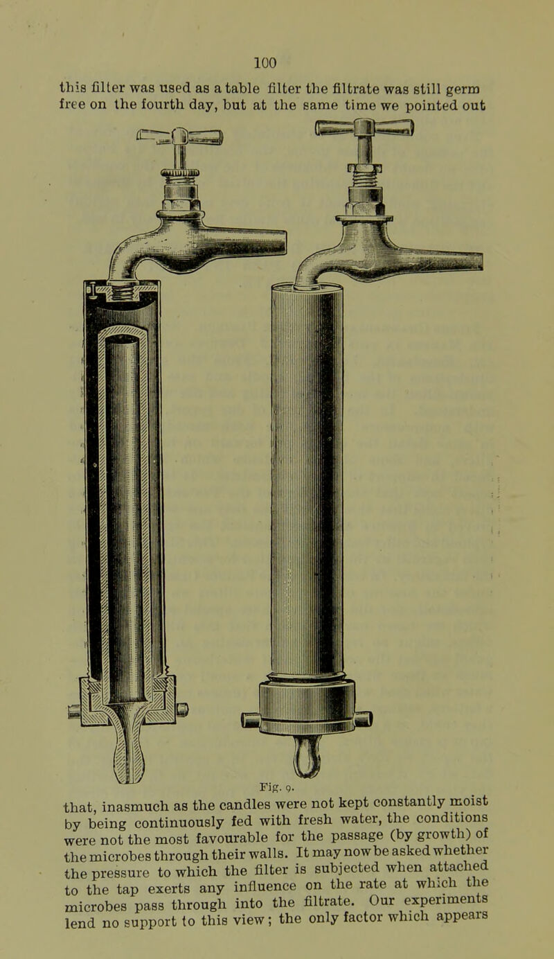 this filter was used as a table filter the filtrate was still germ free on the fourth day, but at the same time we pointed out that, inasmuch as the candles were not kept constantly moist by being continuously fed with fresh water, the conditions were not the most favourable for the passage (by growth) of the microbes through their walls. It may now be asked whether the pressure to which the filter is subjected when attached to the tap exerts any influence on the rate at which the microbes pass through into the filtrate. Our experiments lend no support to this view; the only factor which appears
