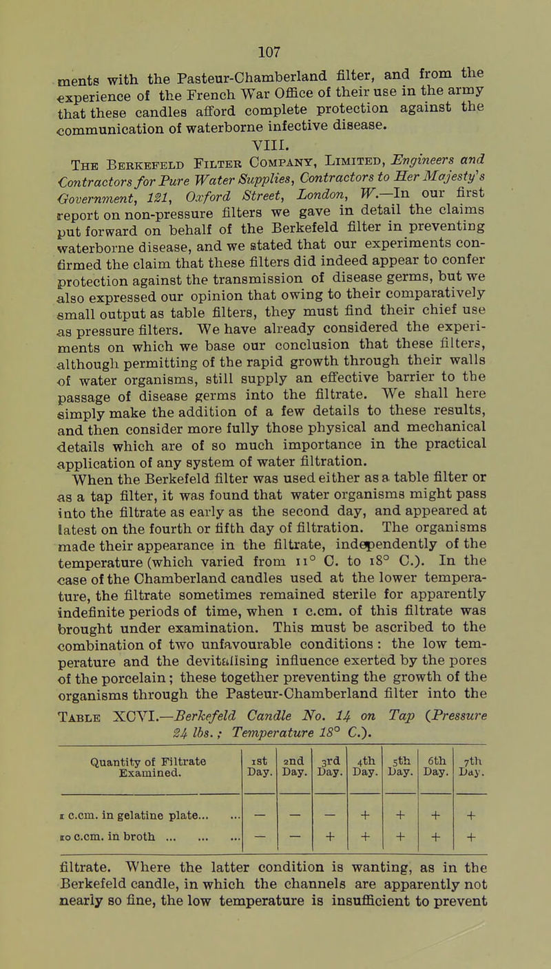 ments with the Pasteur-Chamberland filter, and from the experience of the French War Office of their use in the army that these candles afford complete protection against the communication of waterborne infective disease. VIII. The Bekkefeld Filter Company, Limited, Engineers and Contractors for Pure Water Supplies, Contractors to Her Majesty's Government, 121, Oxford Street, London, W.—ln our first report on non-pressure filters we gave in detail the claims put forward on behalf of the Berkefeld filter in preventing waterborne disease, and we stated that our experiments con- firmed the claim that these filters did indeed appear to confer protection against the transmission of disease germs, but we also expressed our opinion that owing to their comparatively small output as table filters, they must find their chief use as pressure filters. We have already considered the experi- ments on which we base our conclusion that these filters, although permitting of the rapid growth through their walls of water organisms, still supply an effective barrier to the passage of disease germs into the filtrate. We shall here simply make the addition of a few details to these results, and then consider more fully those physical and mechanical details which are of so much importance in the practical application of any system of water filtration. When the Berkefeld filter was used either as a table filter or as a tap filter, it was found that water organisms might pass into the filtrate as early as the second day, and appeared at latest on the fourth or fifth day of filtration. The organisms made their appearance in the filtrate, independently of the temperature (which varied from ii° 0. to i8° C). In the case of the Chamberland candles used at the lower tempera- ture, the filtrate sometimes remained sterile for apparently indefinite periods of time, when i c.cm. of this filtrate was brought under examination. This must be ascribed to the combination of two unfavourable conditions : the low tem- perature and the devitalising infiuence exerted by the pores of the porcelain; these together preventing the growth of the organisms through the Pasteur-Chamberland filter into the Table XCVI.—Berkefeld Candle No. 14 on Tap ^Pressure 24 lbs. ; Temperature 18° C). Quantity of Filtrate Examined. ist Day. 2nd Day. 3rd Day. 4th Day. sth Day. 6th Day. 7th Day. c c.cm. in gelatine plate + + + + 10 c.cm. in broth + + + + + filtrate. Where the latter condition is wanting, as in the Berkefeld candle, in which the channels are apparently not nearly so fine, the low temperature is insufficient to prevent