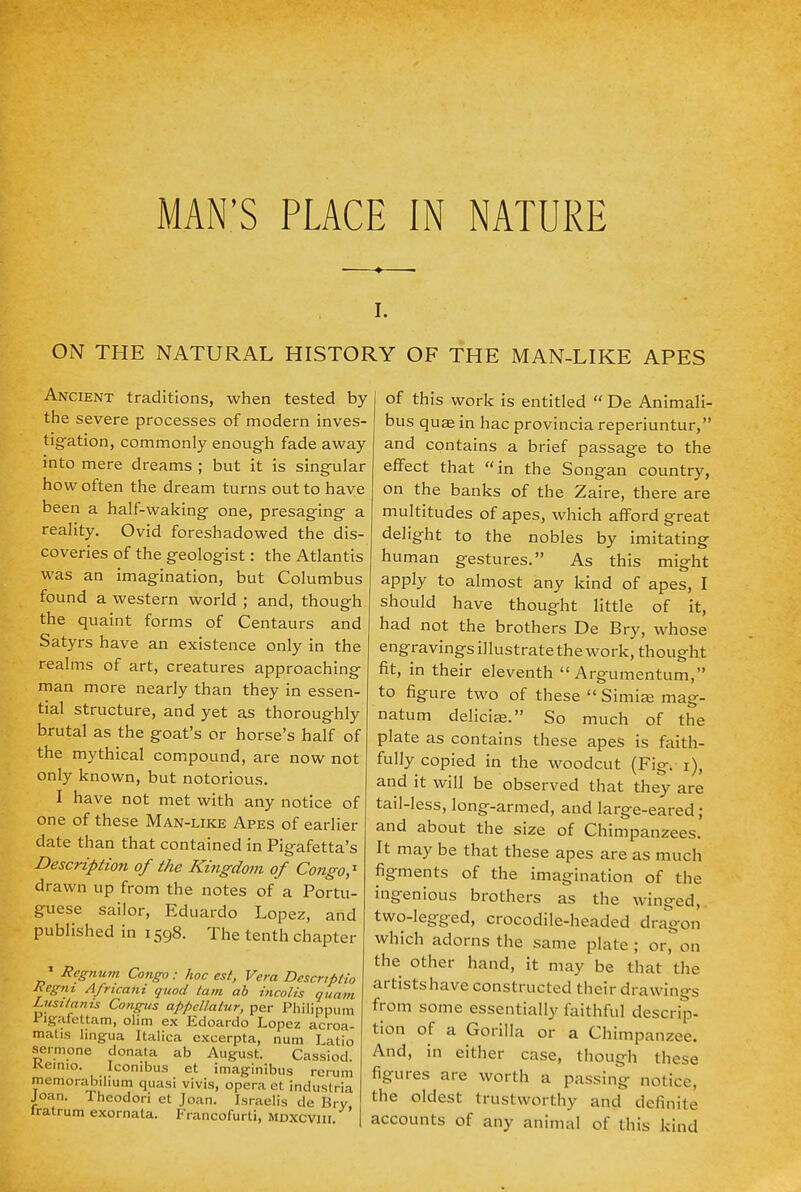 ♦ ON THE NATURAL HISTORY OF THE MAN-LIKE APES Ancient traditions, when tested by the severe processes of modern inves- tigation, commonly enough fade away into mere dreams ; but it is singular how often the dream turns out to have been a half-waking one, presaging a reality. Ovid foreshadowed the dis- coveries of the geologist: the Atlantis was an imagination, but Columbus found a western world ; and, though the quaint forms of Centaurs and Satyrs have an existence only in the realms of art, creatures approaching man more nearly than they in essen- tial structure, and yet as thoroughly brutal as the goat's or horse's half of the mythical compound, are now not only known, but notorious. I have not met with any notice of one of these Man-like Apes of earlier date than that contained in Pigafetta's Description of the Kingdotn of Co?igo,x drawn up from the notes of a Portu- guese sailor, Eduardo Lopez, and published in 1598. The tenth chapter * Regnum Congo: hoc est, Vera Descrtptio Regm Afncani quod tarn ab incolis quam Lusttants Congus appellator, per Philippum I igafettam, olim ex Edoardo Lopez acroa- matis lingua Italica excerpta, num Latio sermone clonata ab August. Cassiod. Keinio. Iconibus et imaginibus rerum memorab.Iium quasi vivis, opera et industria Joan. Theodori et Joan. Israelis de Hry tratrum exornata. Francofurti, mdxcvih I of this work is entitled  De Animali- bus quae in hac provincia reperiuntur, and contains a brief passage to the effect that in the Songan country, on the banks of the Zaire, there are multitudes of apes, which afford great delight to the nobles by imitating human gestures. As this might apply to almost any kind of apes, I should have thought little of it, had not the brothers De Bry, whose engravings illustrate the work, thought fit, in their eleventh  Argumentum, to figure two of these  Simiaa mag- natum delicia?. So much of the plate as contains these apes is faith- fully copied in the woodcut (Fig. 1), and it will be observed that they are tail-less, long-armed, and large-eared; and about the size of Chimpanzees. It may be that these apes are as much figments of the imagination of the ingenious brothers as the winged, two-legged, crocodile-headed dragon which adorns the same plate ; or, on the other hand, it may be that the artists have constructed their drawings from some essentially faithful descrip- tion of a Gorilla or a Chimpanzee. And, in either case, though these figures are worth a passing notice, the oldest trustworthy and definite accounts of any animal of this kind