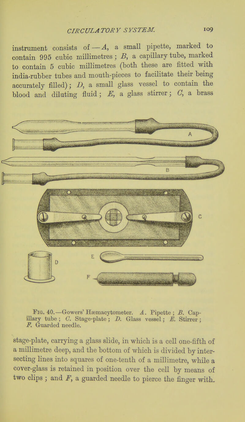 instrument consists of—^, a small pipette, marked to contain 995 cubic millimetres; B, a capillary tube, marked to contain 5 cubic millimetres (both these are fitted with india-rubber tubes and mouth-pieces to facilitate their being accurately filled); Z>, a small glass vessel to contain the blood and diluting fluid; E, a glass stirrer; C, a brass Fig. 40.—Gowers'Hsemacytometer. A. Pipette; B. Cap- illary tube ; C. Stage-plate ; J). Glass vessel; E. Stirrer; F. Guarded needle. stage-plate, carrying a glass slide, in which is a cell one-fifth of a millimetre deep, and the bottom of which is divided by inter- secting lines into squares of one-tenth of a millimetre, while a cover-glass is retained in position over the cell by means of two clips ; and a guarded needle to pierce the finger with.