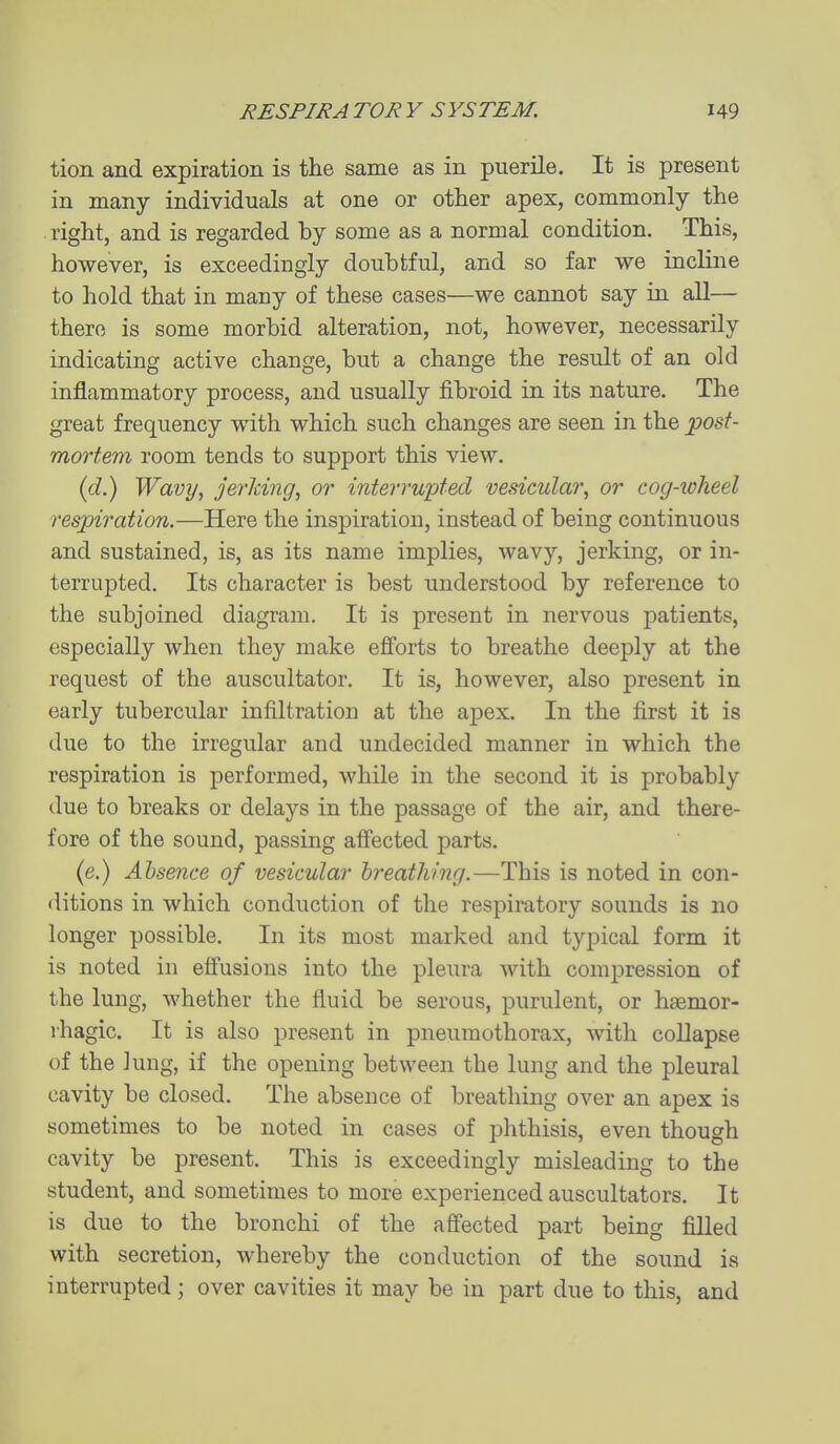 tion and expiration is the same as in puerile. It is present in many individuals at one or other apex, commonly the right, and is regarded by some as a normal condition. This, however, is exceedingly doubtful, and so far we incline to hold that in many of these cases—we cannot say in all— there is some morbid alteration, not, however, necessarily indicating active change, but a change the result of an old inflammatory process, and usually fibroid in its nature. The great frequency with which such changes are seen in the 'post- mortem room tends to support this view. (cZ.) Wavy, jerking, or interrupted vesicular, or cog-ivheel respiration.—Here the inspiration, instead of being continuous and sustained, is, as its name implies, wavy, jerking, or in- terrupted. Its character is best understood by reference to the subjoined diagram. It is present in nervous jDatients, especially when they make efforts to breathe deeply at the request of the auscultator. It is, however, also present in early tubercular infiltration at the apex. In the first it is due to the irregular and undecided manner in which the respiration is performed, while in the second it is probably due to breaks or delays in the passage of the air, and there- fore of the sound, passing afi'ected parts. (e.) Absence of vesicular breathing.—This is noted in con- ditions in which conduction of the respiratory sounds is no longer possible. In its most marked and typical form it is noted in efiusions into the pleura with compression of the lung, whether the fluid be serous, purulent, or haemor- ihagic. It is also present in pneumothorax, with coUapse of the lung, if the opening between the lung and the pleural cavity be closed. The absence of breathing over an apex is sometimes to be noted in cases of phthisis, even though cavity be present. This is exceedingly misleading to the student, and sometimes to more experienced auscultators. It is due to the bronchi of the afi'ected part being filled with secretion, whereby the conduction of the sound is interrupted; over cavities it may be in part due to this, and
