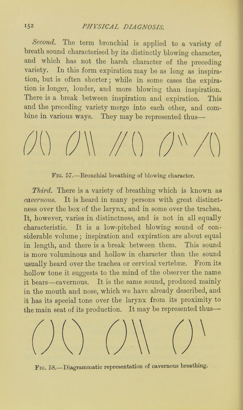 Second. The term bronchial is applied to a variety of breath sound characterised by its distinctly blowing character, and which has not the harsh character of the preceding variety. In this form expiration may be as long as inspira- tion, but is often shorter; while in some cases the expira- tion is longer, louder, and more blowing than inspiration. There is a break between inspiration and expiration. This and the preceding variety merge into each other, and com- bine in various ways. They may be represented thus— Fig. 67.—Bronchial breathing of blowing character. Third. There is a variety of breathing which is known as cavernous. It is heard in many persons with great distinct- ness over the box of the larynx, and in some over the trachea. It, however, varies in distinctness, and is not in all equally characteristic. It is a low-pitched blowing sound of con- siderable volume; inspiration and expiration are about equal in length, and there is a break between them. This sound is more voluminous and hollow in character than the sound usually heard over the trachea or cervical vertebrae. From its hollow tone it suggests to the mind of the observer the name it bears—cavernous. It is the same sound, produced mainly in the mouth and nose, which we have already described, and it has its special tone over the larynx from its proximity to the main seat of its production. It may be represented thus— Fig. 58.—Diagrammatic representation of cavernous breathing.