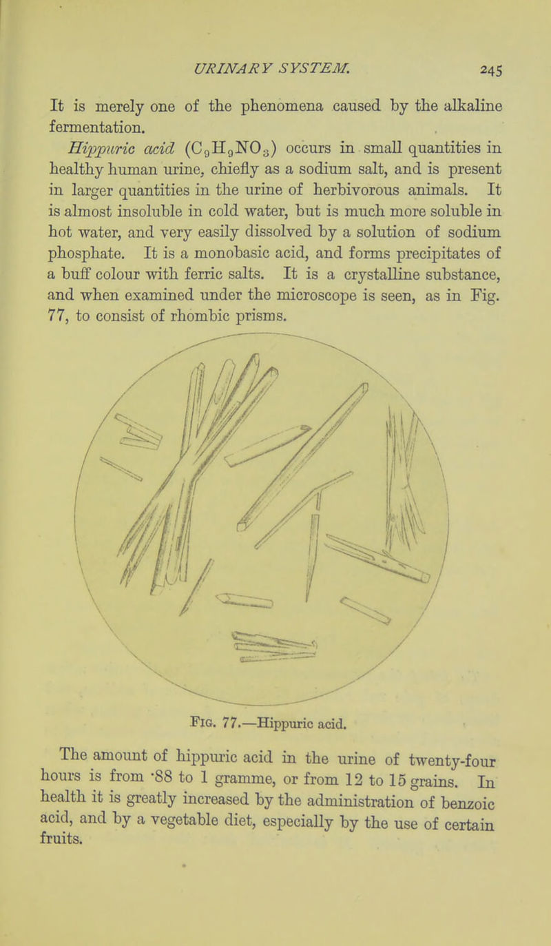 It is merely one of the phenomena caused by the alkaline fermentation. Hippuric acid (CgHgNOg) occurs in small quantities in healthy human urine, chiefly as a sodium salt, and is present in larger quantities in the urine of herbivorous animals. It is almost insoluble in cold water, but is much more soluble in hot water, and very easily dissolved by a solution of sodium phosphate. It is a monobasic acid, and forms precipitates of a bufi colour with ferric salts. It is a crystalline substance, and when examined under the microscope is seen, as in Fig. 77, to consist of rhombic prisms. Fig. 77.—Hippuric acid. The amount of hippuric acid in the urine of twenty-four hours is from '88 to 1 gramme, or from 12 to 15 grains. In health it is greatly increased by the administration of benzoic acid, and by a vegetable diet, especially by the use of certain fruits.