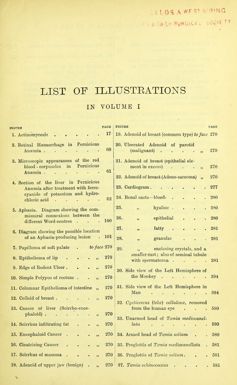 LIST OF ILLUSTRATIONS IN VOLUME I FIGTOE 1. Actinomycosis 2. Eetinal Haemorrhage in Pernicious Anemia 3. Microscopic appearances of the red blood - corpuscles in Pernicious Ansemia 4. Section of the liver in Pernicious Anaemia after treatment with ferro- cyanide of potassium and hydro- chloric acid . 5. Aphasia. Diagram showing the com- missural connexions between the different Word-centres . 6. Diagram showing the possible location of an Aphasia-producing lesion PAGE 17 60 61 62 100 7. Papilloma of soft palate 8. Epithelioma of lip . 9. Edge of Kodent Ulcer . 10. Simple Polypus of rectum . 11. Columnar Epithelioma of intestine 12. Colloid of breast . 13. Cancer of liver (Scirrho-ence 101 to face 270 270 FIGURE PAGE 19. Adenoid of breast (common type) to face 270 20. Ulcerated Adenoid of parotid (malignant) .... 21. Adenoid of breast (epithelial ele- ment in excess) 22. Adenoid of breast (Adeno-sarcoma) 23. Cardiogram. ... 24. Kenal casts—blood- 25. 26. 27. 28. 29. hyaline . epithelial fatty granular 270 270 270 277 280 280 280 281 281 270 270 270 270 ,, enclosing crystals, and a smaller cast; also of seminal tubule with spermatozoa .... 281 30. Side view of the Left Hemisphere of the Monkey 394 31. Side view of the Left Hemisphere in Man 394 32. Cysticercus (tela) celluloses, removed from the human eye . . . 580 phaloid) ,i 270 33. Unarmed head of Tcenia mediocanel- 14. Scirrhus infiltrating fat . . „ 270 lata ...... 580 15. Encephaloid Cancer . „ 270 34. Armed head of Tcenia solium 580 16. Cicatrising Cancer „ 270 35. Proglottis of Ta>nia mediocanellata 581 17. Scirrhus of mamma . „ 270 36. Proglottis of Tcenia solium. 581 18. Adenoid of upper jaw (benign) . „ 270 37. Tcenia echinococcus . 581