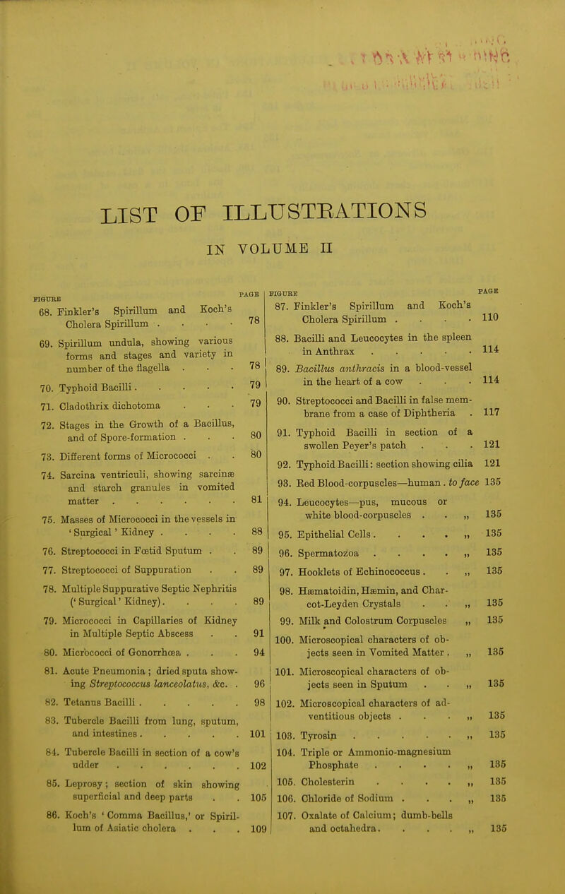 LIST OF ILLUSTEATIONS IN VOLUME II PAQB KSURE 68. Finkler's Spirillum and Koch's Cholera SpiriUum . • • .78 69. Spirillum undula, showing various forms and stages and variety in number of the flagella ... 78 70. Typhoid Bacilli 79 71. Cladothrix diohotoma ... 79 72. Stages in the Growth of a Bacillus, and of Spore-formation 73. Different forms of Micrococci 80 80 74. Sarcina ventriculi, showing sarcinse and starch granules in vomited matter 81 75. Masses of Micrococci in the vessels in ' Surgical' Kidney .... 88 76. Streptococci in Foetid Sputum . . 89 ' 77. Streptococci of Suppuration . . 89 78. Multiple Suppurative Septic Nephritis ('Surgical'Kidney). ... 89 79. Micrococci in Capillaries of Kidney in Multiple Septic Abscess . . 91 80. Micrococci of Gonorrhoea ... 94 81. Acute Pneumonia ; dried sputa show- ing Si/reptococcus lanceolatus, &c. . 96 82. Tetanus Bacilli 98 8.3. Tubercle Bacilli from lung, sputum, and intestines 101 84. Tubercle Bacilli in section of a cow's udder 102 85. Leprosy; section of skin showing superficial and deep parts . . 105 86. Koch's ' Comma Bacillus,' or Spiril- lum of Asiatic cholera . . . 109 FIGUBE PAGK 87. Finkler's Spirillum and Koch's Cholera Spirillum .... HO 88. BaciUi and Leucocytes in the spleen in Anthrax 89. Bacillm anthracis in a blood-vessel in the heart of a cow . . . 114 90. Streptococci and Bacilli in false mem- brane from a case of Diphtheria . 117 91. Typhoid Bacilli in section of a swollen Peyer's patch . . . 121 92. Typhoid Bacilli: section showing cilia 121 93. Eed Blood-corpuscles—human, to/ace 135 94. Leucocytes—pus, mucous or white blood-corpuscles . . „ 135 95. Epithelial Cells ,135 96. Spermatozoa . . . . „ 135 97. Hooklets of Echinococcus. . „ 135 98. Hsematoidin, Hsemin, and Char- cot-Leyden Crystals . . „ 135 99. Milk and Colostrum Corpuscles „ 135 100. Microscopical characters of ob- jects seen in Vomited Matter . „ 135 101. Microscopical characters of ob- jects seen in Sputum . . „ 135 102. Microscopical characters of ad- ventitious objects . . . „ 135 103. Tyrosip ,,135 104. Triple or Ammonio-magnesium Phosphate . . . . „ 135 105. Cholesterin . . . . „ 135 106. Chloride of Sodium . . . „ 135 107. Oxalate of Calcium; dumb-bells and octahedra. . . . „ 135