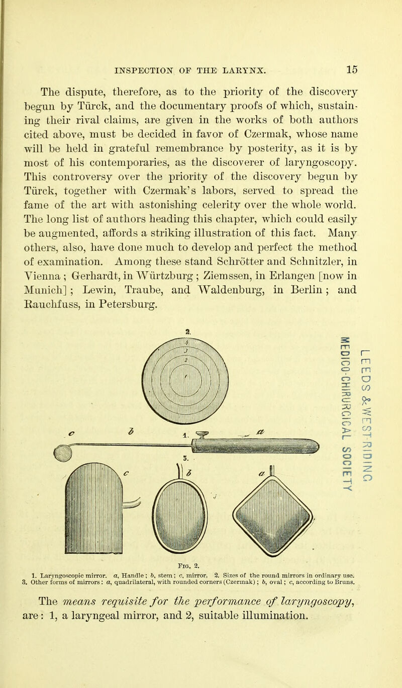 The dispute, therefore, as to the priority of the discovery begun by Tiirck, and the documentary proofs of which, sustain- ing their rival claims, are given in the works of both authors cited above, must be decided in favor of Czermak, whose name will be held in grateful remembrance by posterity, as it is by most of his contemporaries, as the discoverer of laryngoscopy. This controversy over the priority of the discovery begun by Tiirck, together with Czermak's labors, served to spread the fame of the art with astonishing celerity over the whole world. The long list of authors heading this chapter, which could easily be augmented, affords a striking illustration of this fact. Many others, also, have done much to develop and perfect the method of examination. Among these stand Schrotter and Schnitzler, in Vienna ; Gerhardt, in Wurtzburg ; Ziemssen, in Erlangen [now in Munich] ; Lewin, Traube, and Waldenburg, in Berlin; and Rauchfuss, in Petersburg. 2. Fig. 2. 1. Laryngoscopy raiiTor. a, Handle; 6, stem; c, mirror. 2. Sizes of the round mirrors in ordinary use. 3. Other forms of mirrors: a, quadrilateral, with rounded corners (Czermak); b, oval; c, according to Bruns. The means requisite for the performance of laryngoscopy, are : 1, a laryngeal mirror, and 2, suitable illumination.