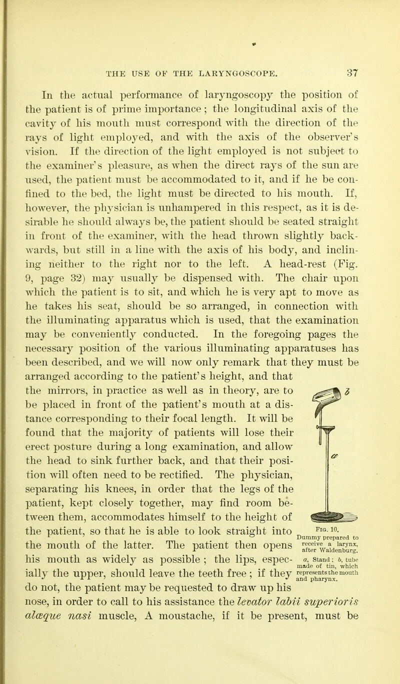 In the actual performance of laryngoscopy the position of the patient is of prime importance ; the longitudinal axis of the cavity of his mouth must correspond with the direction of the rays of light employed, and with the axis of the observer's vision. If the direction of the light employed is not subject to the examiner1 s pleasure, as when the direct rays of the sun are used, the patient must be accommodated to it, and if he be con- lined to the bed, the light must be directed to his mouth. If, however, the plrysician is unhampered in this respect, as it is de- sirable he should always be, the patient should be seated straight in front of the examiner, with the head thrown slightly back- wards, but still in a line with the axis of his body, and inclin- ing neither to the right nor to the left. A head-rest (Fig. 9, page 32) may usually be dispensed with. The chair upon which the patient is to sit, and which he is very apt to move as he takes his seat, should be so arranged, in connection with the illuminating apparatus which is used, that the examination may be conveniently conducted. In the foregoing pages the necessary position of the various illuminating apparatuses has been described, and we will now only remark that they must be arranged according to the patient's height, and that the mirrors, in practice as well as in theory, are to be placed in front of the patient's mouth at a dis- tance corresponding to their focal length. It will be found that the majority of patients will lose their erect posture during a long examination, and allow the head to sink further back, and that their posi- tion will often need to be rectified. The physician, separating his knees, in order that the legs of the patient, kept closely together, may find room be- tween them, accommodates himself to the height of the patient, so that he is able to look straight into Fl°-10- 1 ° Dummy prepared to the mouth of the latter. The patient then opens afterVwaWnburg his mouth as widely as possible; the lips, espec- a, stand; tube J 1 made of tin, which ially the upper, should leave the teeth free ; if they represents the mouth u 1 x 7 •> and pharynx. do not, the patient may be requested to draw up his nose, in order to call to his assistance the levator labii superior is alceque nasi muscle, A moustache, if it be present, must be