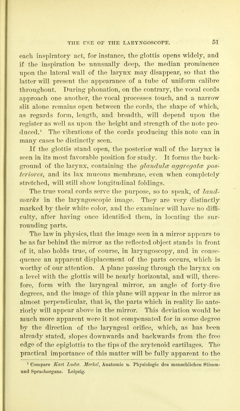 each inspiratory act, for instance, the glottis opens widely, and if the inspiration be unusually deep, the median prominence upon the lateral wall of the larynx may disappear, so that the latter will present the appearance of a tube of uniform calibre throughout. During phonation, on the contrary, the vocal cords approach one another, the vocal processes touch, and a narrow slit alone remains open between the cords, the shape of which, as regards form, length, and breadth, will depend upon the register as well as upon the height and strength of the note pro- duced.1 The vibrations of the cords producing this note can in many cases be distinctly seen. If the glottis stand open, the posterior wall of the larjmx is seen in its most favorable position for study. It forms the back- ground of the larynx, containing the glandulce aggregates pos- teriores, and its lax mucous membrane, even when completely stretched, will still show longitudinal foldings. The true vocal cords serve the purpose, so to speak, of land- marks in the laryngoscopic image. They are very distinctly marked by their white color, and the examiner will have no diffi- culty, after having once identified them, in locating the sur- rounding parts. The law in physics, that the image seen in a mirror appears to be as far behind the mirror as the reflected object stands in front of it, also holds true, of course, in laryngoscopy, and in conse- quence an apparent displacement of the parts occurs, which is worthy of our attention. A plane passing through the larynx on a level with the glottis will be nearly horizontal, and will, there- fore, form with the laryngeal mirror, an angle of forty-five degrees, and the image of this plane will appear in the mirror as almost perpendicular, that is, the parts which in reality lie ante- riorly will appear above in the mirror. This deviation would be much more apparent were it not compensated for in some degree by the direction of the laryngeal orifice, which, as has been already stated, slopes downwards and backwards from the free edge of the epiglottis to the tips of the arytenoid cartilages. The practical importance of this matter will be fully apparent to the 1 Compare Karl Ludw. Merlcel, Anatomie u. Physiologie des menschlichen Stimm- und Sprachorgans. Leipzig.