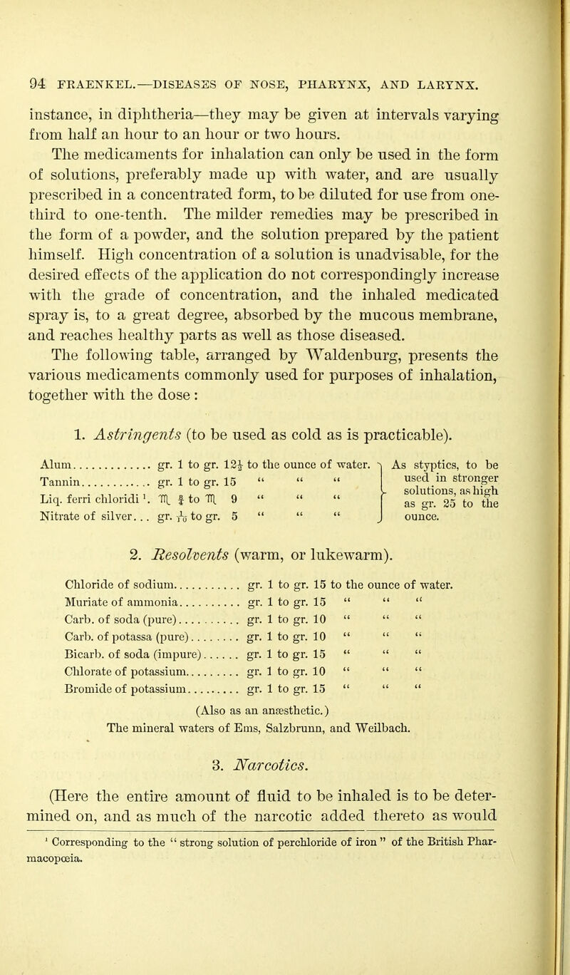 instance, in diphtheria—they may be given at intervals varying from half an honr to an hour or two hoars. The medicaments for inhalation can only be used in the form of solutions, preferably made up with water, and are usually prescribed in a concentrated form, to be diluted for use from one- third to one-tenth. The milder remedies may be prescribed in the form of a powder, and the solution prepared by the patient himself. High concentration of a solution is unadvisable, for the desired effects of the application do not correspondingly increase with the grade of concentration, and the inhaled medicated spray is, to a great degree, absorbed by the mucous membrane, and reaches healthy parts as well as those diseased. The following table, arranged by Waldenburg, presents the various medicaments commonly used for purposes of inhalation, together with the dose : 1. Astringents (to be used as cold as is practicable). Alum gr. 1 to gr. 12£ to the ounce of water. Tannin gr. 1 to gr. 15    As styptics, to be used in stronger solutions, as high Liq. fern chlondi'. TTL £ to TR. 9   f as gr. 25 to the Nitrate of silver... gr. ^ to gr. 5    J ounce. 2. Resolvents (warm, or lukewarm). Chloride of sodium gr. 1 to gr. 15 to the ounce of water. Muriate of ammonia gr. 1 to gr. 15 Carb. of soda (pure) gr. 1 to gr. 10 Carb. of potassa (pure) gr. 1 to gr. 10 Bicarb, of soda (impure) gr. 1 to gr. 15 Chlorate of potassium gr. 1 to gr. 10 Bromide of potassium gr. 1 to gr. 15 (Also as an anossthetic.) The mineral waters of Ems, Salzbrunn, and Weilbach. 3. Narcotics. (Here the entire amount of fluid to be inhaled is to be deter- mined on, and as much of the narcotic added thereto as would 1 Corresponding to the '' strong solution of perchloride of iron  of the British Phar- macopoeia.