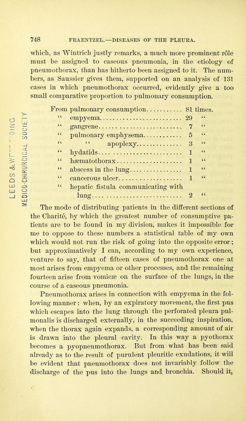 which, as Wintrich justly remarks, a much more prominent role must be assigned to caseous pneumonia, in the etiology of pneumothorax, than has hitherto been assigned to it. The num- bers, as Saussier gives them, supported on an analysis of 131 cases in which pneumothorax occurred, evidently give a too small comparative proportion to pulmonary consumption. From pulmonary consumption 81 times.  empyema 29   gangrene 7  P  pulmonary emphysema 5  _i   apoplexy 3   hydatids 1  ^ £2  hsematothorax 1  °^ ^  abscess in the lung 1  q g  cancerous ulcer 1  UJ g  hepatic fistula communicating with _j B lung 2  UJ The mode of distributing patients in the different sections of the Charite, by which the greatest number of consumptive pa- tients are to be found in my division, makes it impossible for me to oppose to these numbers a statistical table of my own which would not run the risk of going into the opposite error; but approximative^ I can, according to my own experience, venture to say, that of fifteen cases of pneumothorax one at most arises from empyema or other processes, and the remaining fourteen arise from vomicse on the surface of the lungs, in the course of a caseous pneumonia. Pneumothorax arises in connection with empyema in the fol- lowing manner: when, by an expiratory movement, the first pus which escapes into the lung through the perforated pleura pul- monalis is discharged externally, in the succeeding inspiration, when the thorax again expands, a corresponding amount of air is drawn into the pleural cavity. In this way a pyothorax becomes a pyopneumothorax. But from what has been said already as to the result of purulent pleuritic exudations, it will be evident that pneumothorax does not invariably follow the discharge of the pus into the lungs and bronchia. Should it,