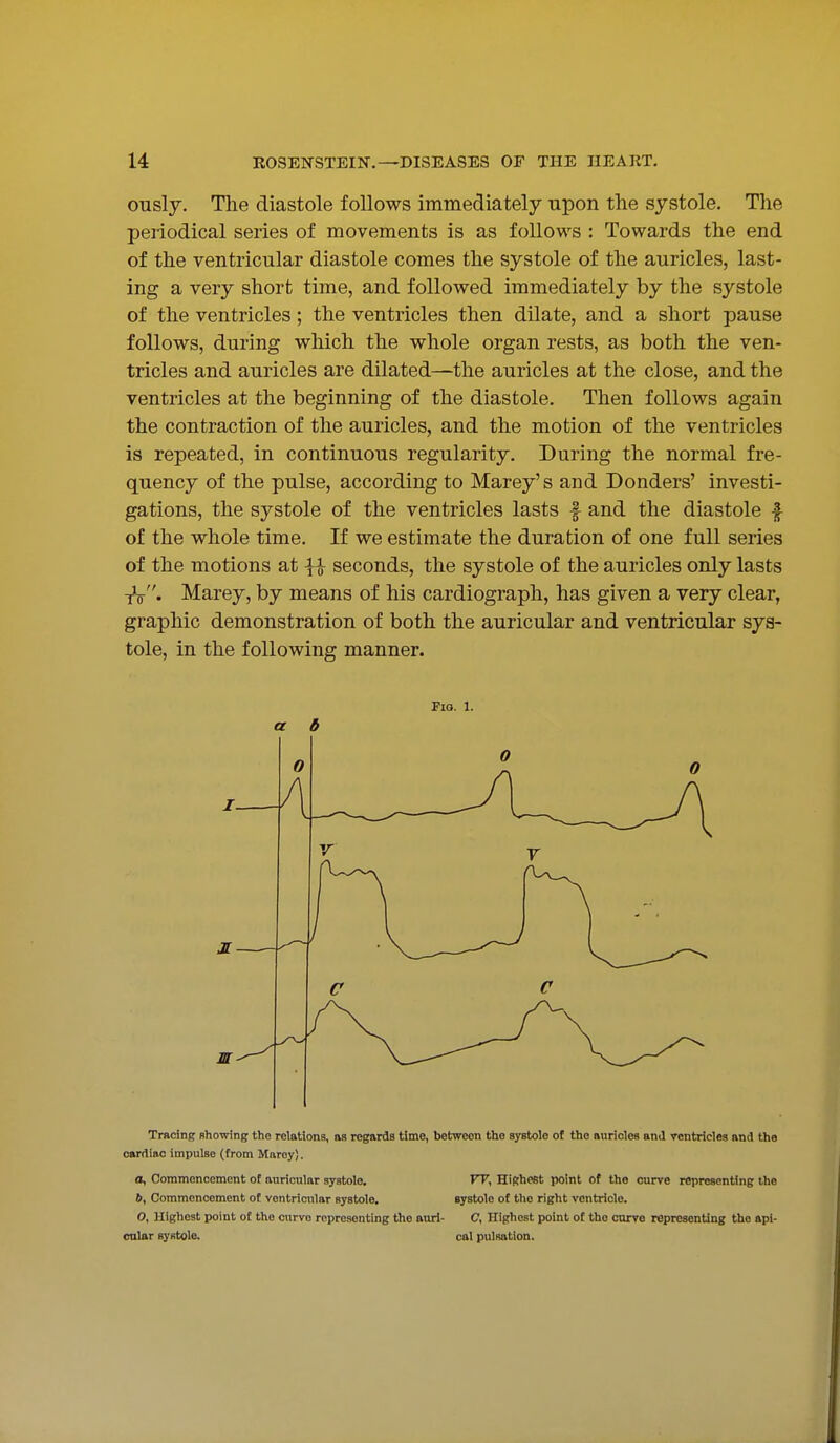 ously. The diastole follows immediately upon the systole. The periodical series of movements is as follows : Towards the end of the ventricular diastole comes the systole of the auricles, last- ing a very short time, and followed immediately by the systole of the ventricles; the ventricles then dilate, and a short pause follows, during which the whole organ rests, as both the ven- tricles and auricles are dilated—the auricles at the close, and the ventricles at the beginning of the diastole. Then follows again the contraction of the auricles, and the motion of the ventricles is repeated, in continuous regularity. During the normal fre- quency of the pulse, according to Marey's and Bonders' investi- gations, the systole of the ventricles lasts f and the diastole f of the whole time. If we estimate the duration of one full series of the motions at \^ seconds, the systole of the auricles only lasts yV. Marey, by means of his cardiograph, has given a very clear, graphic demonstration of both the auricular and ventricular sys- tole, in the following manner. Fia. 1. a 6 Tracing showing the relations, as regards time, between the systole of the auricles and ventricles and the cardiac impulse (from Maroy). a. Commencement of auricular systole. FT, Hiprheet point of the curve representing the 6, Commencement of ventricular systole. systole of the right ventricle. O, Highest point of the curve representing the auri- C, Highest point of the carve representing the api- cnlar systole. cal pulsation.