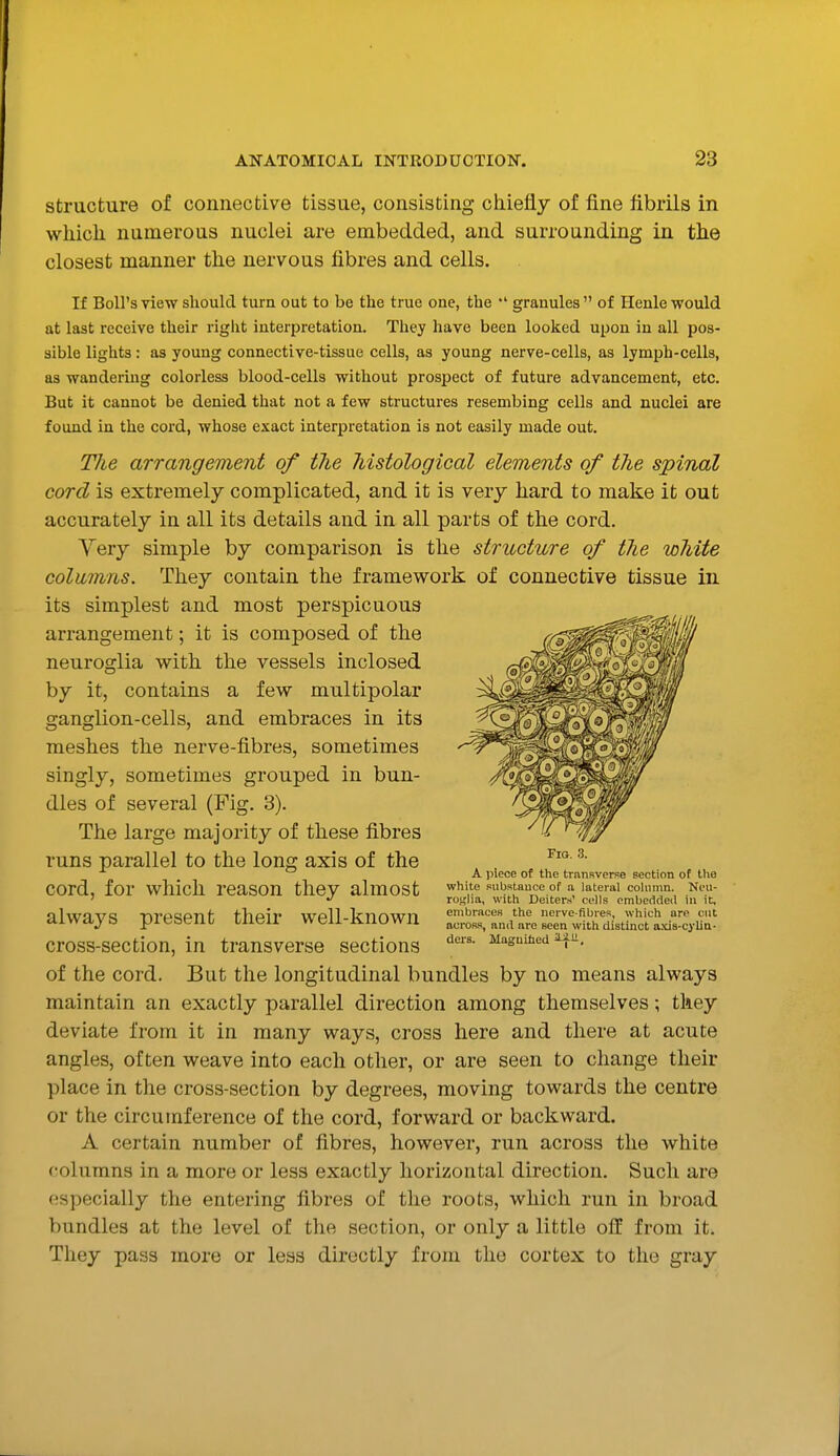 structure of connective tissue, consisting chiefly of fine fibrils in which numerous nuclei are embedded, and surrounding in the closest manner the nervous fibres and cells. If Boll's view should turn out to be the true one, the  granules of Henle would at last receive their right interpretation. They have been looked upon in all pos- sible lights: as young connective-tissue cells, as young nerve-cells, as lymph-cells, as wandering colorless blood-cells without prospect of future advancement, etc. But it cannot be denied that not a few structures resembing cells and nuclei are found in the cord, whose exact interpretation is not easily made out. The arrangement of tlie histological elements of the spinal cord is extremely complicated, and it is very hard to make it out accurately in all its details and in all parts of the cord. Very simple by comparison is the structure of the white columns. They contain the framework of connective tissue in its simplest and most perspicuous arrangement; it is composed of the neuroglia with the vessels inclosed by it, contains a few multipolar ganglion-cells, and embraces in its meshes the nerve-fibres, sometimes singly, sometimes grouped in bun- dles of several (Fig. 3). The large majority of these fibres runs parallel to the long axis of the ^ A piece of the trnnRvcrse section of tlie cord, for which reason they almost '^■'^ substance of a lateial colnmn. Neu- ' roglia, with Deiters' cells cmbeddeti in it, always present their well-known ^^.Tna^lJ^e ^e^rf'.^^^^^^^^^^^ cross-section, in transverse sections ^f^- of the cord. But the longitudinal bundles by no means always maintain an exactly parallel direction among themselves; they deviate from it in many ways, cross here and there at acute angles, often weave into each other, or are seen to change their place in the cross-section by degrees, moving towards the centre or the circumference of the cord, forward or backward. A certain number of fibres, however, run across the white columns in a more or less exactly horizontal direction. Such are especially the entering fibres of the roots, which run in broad bundles at the level of the section, or only a little off from it. They pass more or less directly from the cortex to the gray