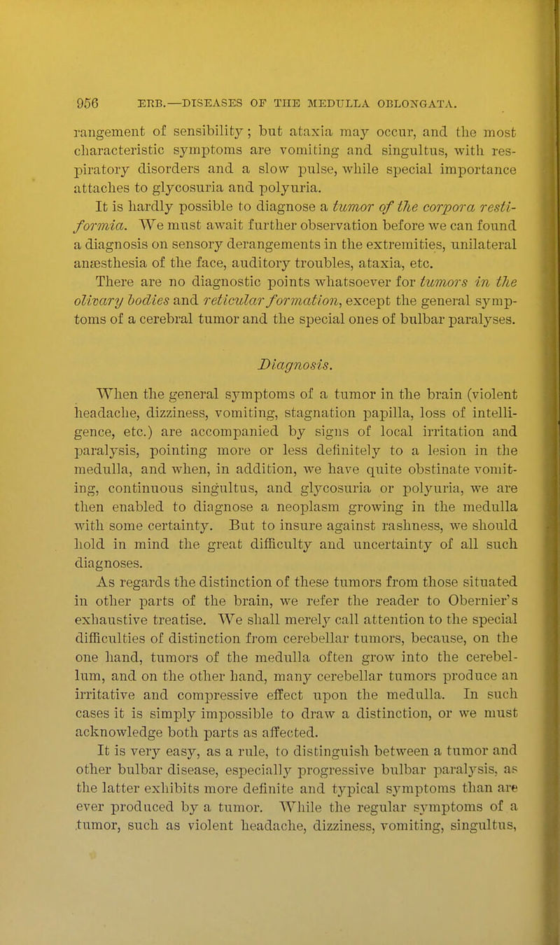 rangement of sensibility; but ataxia may occur, and the most characteristic symptoms are vomiting and singultus, with res- piratory disorders and a slow pulse, while sjjecial importance attaches to glycosuria and polyuria. It is hardly possible to diagnose a tumor of the corpora resti- formia. We must await further observation before we can found a diagnosis on sensory derangements in the extremities, unilateral anaesthesia of the face, auditory troubles, ataxia, etc. There are no diagnostic points whatsoever for tumors in tlie olivary bodies and reticular formation, except the general symp- toms of a cerebral tumor and the special ones of bulbar paralyses. Diagnosis. When the general symptoms of a tumor in the brain (violent headache, dizziness, vomiting, stagnation papilla, loss of intelli- gence, etc.) are accompanied by signs of local irritation and paralysis, pointing more or less definitely to a lesion in the medulla, and when, in addition, we have quite obstinate vomit- ing, continuous singultus, and glycosuria or polyuria, we are then enabled to diagnose a neoplasm growing in the medulla with some certainty. But to insure against rashness, we should hold in mind the great difiiculty and uncertainty of all such diagnoses. As regards the distinction of these tumors from those situated in other parts of the brain, we refer the reader to Oberniers exhaustive treatise. We shall merelj^ call attention to the special difficulties of distinction from cerebellar tumors, because, on the one hand, tumors of the medulla often grow into the cerebel- lum, and on the other hand, many cerebellar tumors produce an irritative and compressive effect upon the medulla. In such cases it is simply impossible to draw a distinction, or we must acknowledge both parts as affected. It is very easy, as a rule, to distinguish between a tumor and other bulbar disease, especially progressive bulbar paralj^sis, as the latter exhibits more definite and typical symptoms than are ever produced by a tumor. AVhile the regular s^nnptoms of a .tumor, such as violent headache, dizziness, vomiting, singultus,