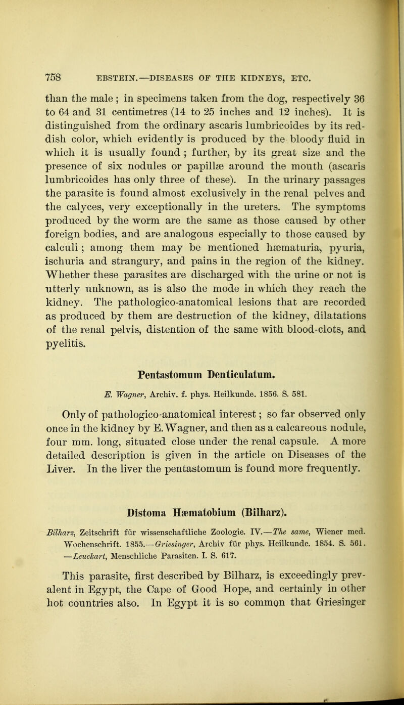 than the male ; in specimens taken from the dog, respectively 36 to 64 and 31 centimetres (14 to 25 inches and 12 inches). It is distinguished from the ordinary ascaris lumbricoides by its red- dish color, which evidently is produced by the bloody fluid in which it is usually found ; further, by its great size and the presence of six nodules or papillse around the mouth (ascaris lumbricoides has only three of these). In the urinary passages the parasite is found almost exclusively in the renal pelves and the calyces, very exceptionally in the ureters. The symptoms produced by the worm are the same as those caused by other foreign bodies, and are analogous especially to those caused by calculi; among them may be mentioned hsematuria, pyuria, ischuria and strangury, and pains in the region of the kidney. Whether these parasites are discharged with the urine or not is utterly unknown, as is also the mode in which they reach the kidney. The pathologico-anatomical lesions that are recorded as produced by them are destruction of the kidney, dilatations of the renal pelvis, distention of the same with blood-clots, and pyelitis. Pentastomum Denticulatum. E. Wagner, Archiv. f. phys. Heilkunde. 1856. S. 581. Only of pathologico-anatomical interest; so far observed only once in the kidney by E.Wagner, and then as a calcareous nodule, four mm. long, situated close under the renal capsule. A more detailed description is given in the article on Diseases of the Liver. In the liver the pentastomum is found more frequently. Distoma Haematobium (Bilharz). BilTiarz, Zeitschrift fiir wissenschaftliche Zoologie. lY.—The same, Wiener med. Wochenschrift. lS55.—Griesinger, Archiv fiir i3hys. Heilkunde. 1854. S. 561. —Leuckart, Menschliche Parasiten. I. S. 617. This parasite, first described by Bilharz, is exceedingly prev- alent in Egypt, the Cape of Good Hope, and certainly in other hot countries also. In Egypt it is so common that Griesinger