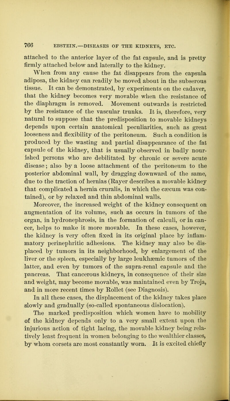 attaclied to the anterior layer of the fat capsule, and is pretty firmly attached below and laterally to the kidney. When from any cause the fat disappears from the capsula adiposa, the kidney can readily be moved about in the subserous tissue. It can be demonstrated, by experiments on the cadaver, that the kidney becomes very movable when the resistance of the diaphragm is removed. Movement outwards is restricted by the resistance of the vascular trunks. It is, therefore, very natural to suppose that the predisposition to movable kidneys depends upon certain anatomical peculiarities, such as great looseness and flexibility of the peritoneum. Such a condition is produced by the wasting and partial disappearance of the fat capsule of the kidney, that is usually observed in badly nour- ished persons who are debilitated by chronic or severe acute disease; also by a loose attachment of the peritoneum to the posterior abdominal wall, by dragging downward of the same, due to the traction of hernias (Rayer describes a movable kidney that complicated a hernia cruralis, in which the caecum was con- tained), or by relaxed and thin abdominal walls. Moreover, the increased weight of the kidney consequent on augmentation of its volume, such as occurs in tumors of the organ, in hydronephrosis, in the formation of calculi, or in can- cer, helps to make it more movable. In these cases, however, the kidney is very often fixed in its original place by inflam- matory perinephritic adhesions. The kidney may also be dis- placed by tumors in its neighborhood, by enlargement of the liver or the spleen, especially by large leukhsemic tumors of the latter, and even by tumors of the supra-renal capsule and the pancreas. That cancerous kidneys, in consequence of their size and weight, may become movable, was maintained even by Troja, and in more recent times by Rollet (see Diagnosis). In all these cases, the displacement of the kidney takes place slowly and gradually (so-called spontaneous dislocation). The marked predisposition which women have to mobility of the kidney depends only to a very small extent upon the injurious action of tight lacing, the movable kidney being rela- tively least frequent in women belonging to the wealthier classes, by whom corsets are most constantly worn. It is excited chiefly