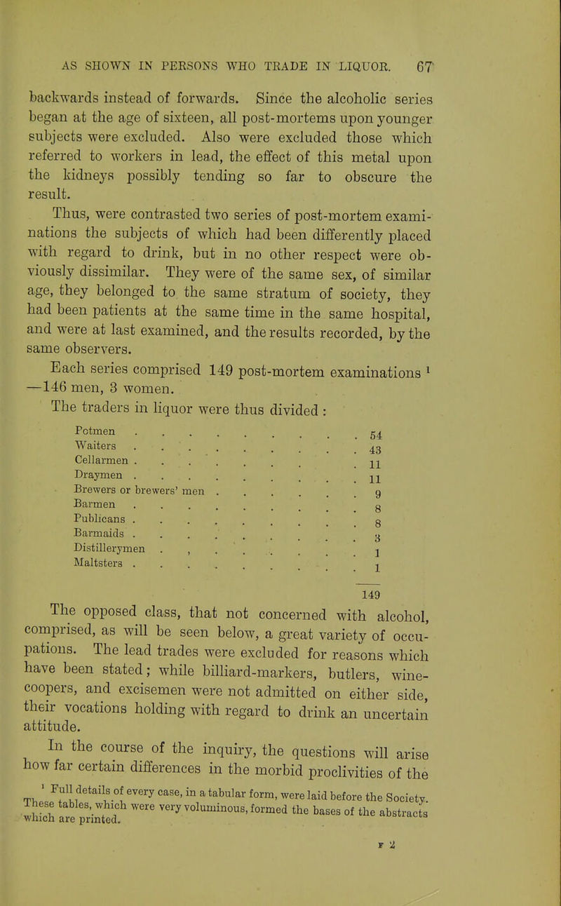 back^Yards instead of forwards. Since the alcoholic series began at the age of sixteen, all post-mortems upon younger subjects were excluded. Also were excluded those which referred to workers in lead, the effect of this metal upon the kidneys possibly tending so far to obscure the result. Thus, were contrasted two series of post-mortem exami- nations the subjects of which had been differently placed with regard to drink, but in no other respect were ob- viously dissimilar. They were of the same sex, of similar age, they belonged to the same stratum of society, they had been patients at the same time in the same hospital, and were at last examined, and the results recorded, by the same observers. Each series comprised 149 post-mortem examinations ^ —146 men, 3 women. The traders in Hquor were thus divided : Potmen Waiters . ^3 Cellarmen 22 Draymen 21 Brewers or brewers' men g Barmen g Publicans g Barmaids ....... 3 Distillerymen j Maltsters 2 149 The opposed class, that not concerned with alcohol, comprised, as will be seen below, a great variety of occu- pations. The lead trades were excluded for reasons which have been stated; while billiard-markers, butlers, wine- coopers, and excisemen were not admitted on either side, their vocations holding with regard to drink an uncertain attitude. In the course of the inquiry, the questions will arise how far certain differences in the morbid proclivities of the ' Full details of every case, in a tabular form, were laid before the Society a?e prilte:;; -ry voluminous, formed the bases of the abstract''