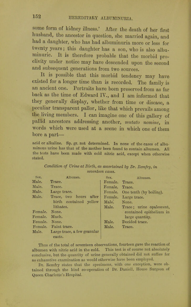 some form of kidney illness.' After the death of her first husband, the ancestor in question, she married again, and had a daughter, who has had albuminuria more or less for twenty years; this daughter has a son, who is also albu- minuric. It is therefore probable that the morbid pro- clivity under notice may have descended upon the second and subsequent generations from two sources. It is possible that this morbid tendency may have existed for a longer time than is recorded. The family is an ancient one. Portraits have been preserved from as far back as the time of Edward IV., and I am informed that they generally display, whether from time or disease, a peculiar transparent pallor, like that which prevails among the living members. I can imagine one of this gallery of pallid ancestors addressing another, mutato nomine, in words which were used at a scene in which one of them bore a part— acid or alkaline, Sp. gr, not determined. In none of the cases of albu- minous urine has that of the mother been found to contain albumen. All the tests have been made with cold nitric acid, except when otherwise stated. Cmidition of Urine at Birth, as ascertained by Dr. Bemfry, in seventeen cases. Sex. Male. Male. Male. Male. Female. Female. Female. Female. Male. Albumen. Trace. Trace. Large trace. Trace, two hours after birth contained yellow lithates. None. Much. None. Faint trace. Large trace, a few granular casts. Sex. Female. Female. Female. Female. Male. Male. Male. Male. Albumen. Trace. Trace. One tenth (by hoiling). Large trace. None. Trace; urine opalescent, contained epithelium in large quantity. Decided trace. Trace. Thus of the total of seventeen observations, fourteen gave the reaction of albumen with nitric acid in the cold. This test is of course not absolutely conclusive, but the quantity of urine generally obtained did not suffice for as exhaustive examination as would otherwise have been employed. Dr. Eemfry states that the specimens, with one exception, were ob- tained through the kind co-operation of Dr. Daniel!, House Surgeon of Queen Charlotte's Hospital.