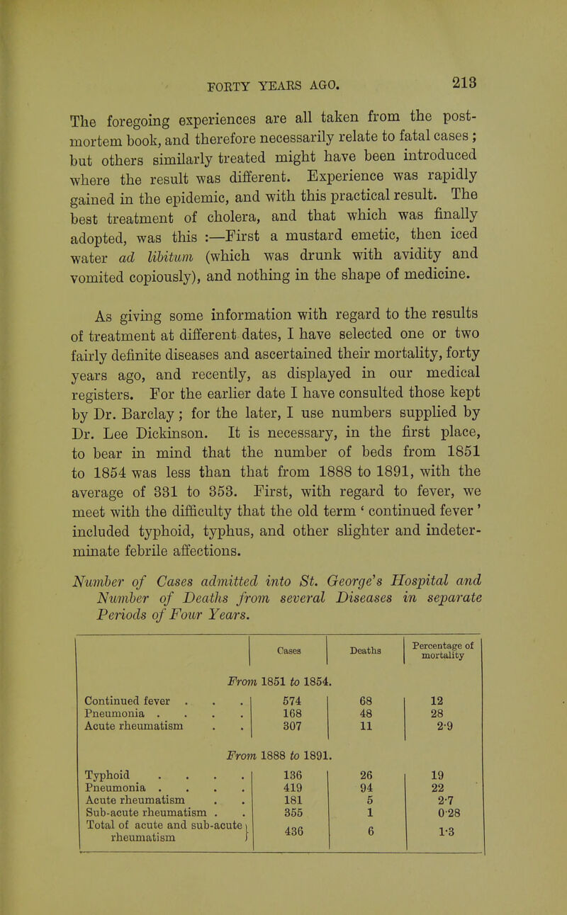 The foregoing experiences are all taken from the post- mortem book, and therefore necessarily relate to fatal cases; but others similarly treated might have been introduced where the result was different. Experience was rapidly gained in the epidemic, and with this practical result. The best treatment of cholera, and that which was finally adopted, was this :—First a mustard emetic, then iced water ad libitum (which was drunk with avidity and vomited copiously), and nothing in the shape of medicine. As giving some information with regard to the results of treatment at different dates, I have selected one or two fairly definite diseases and ascertained their mortality, forty years ago, and recently, as displayed in our medical registers. For the earlier date I have consulted those kept by Dr. Barclay; for the later, I use numbers supplied by Dr. Lee Dickinson. It is necessary, in the first place, to bear in mind that the number of beds from 1851 to 1854 was less than that from 1888 to 1891, with the average of 331 to 353. First, with regard to fever, we meet with the difficulty that the old term ' continued fever ' included typhoid, typhus, and other slighter and indeter- minate febrile affections. Number of Cases admitted into St. George's Hospital and Number of Deaths from several Diseases in separate Periods of Four Years. Gases Deaths Percentage of mortality From 1851 to 1854 Continued fever 574 68 12 Pneumonia . 168 48 28 Acute rlieumatism 307 11 2-9 From 1888 to 1891 Typhoid • 136 26 19 Pneumonia . 419 94 22 Acute rheumatism 181 5 2-7 Sub-acute rheumatism . 355 1 0-28 Total of acute and sub-acute i rheumatism J 436 6 1-3