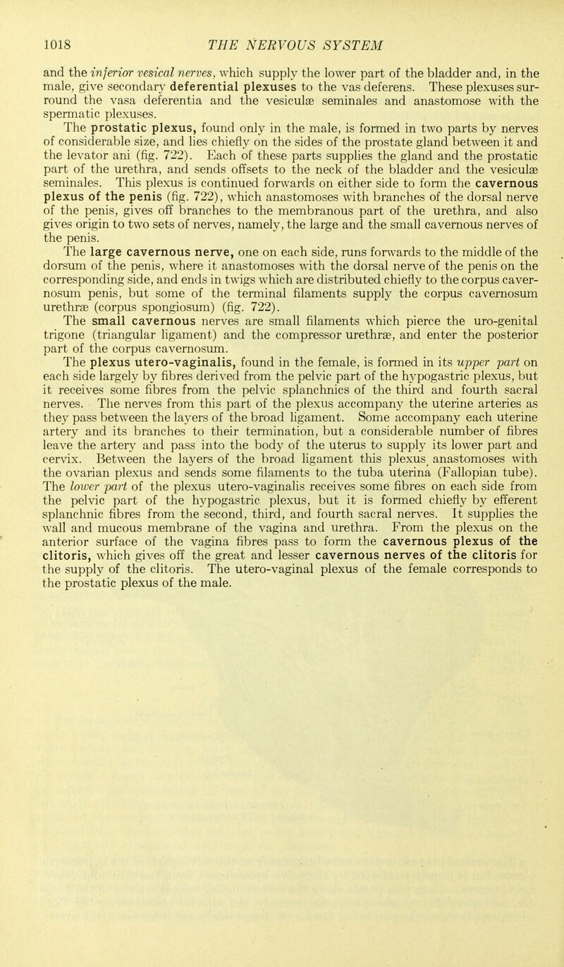 and the inferior vesical nerves, which supply the lower part of the bladder and, in the male, give secondary deferential plexuses to the vas deferens. These plexuses sur- round the vasa deferentia and the vesiculae seminales and anastomose with the spermatic plexuses. The prostatic plexus, found only in the male, is formed in two parts by nerves of considerable size, and lies chiefly on the sides of the prostate gland between it and the levator ani (fig. 722). Each of these parts supplies the gland and the prostatic part of the urethra, and sends offsets to the neck of the bladder and the vesiculae seminales. This plexus is continued forwards on either side to form the cavernous plexus of the penis (fig. 722), which anastomoses with branches of the dorsal nerve of the penis, gives off branches to the membranous part of the urethra, and also gives origin to two sets of nerves, namely, the large and the small cavernous nerves of the penis. The large cavernous nerve, one on each side, runs forwards to the middle of the dorsum of the penis, where it anastomoses with the dorsal nerve of the penis on the corresponding side, and ends in twigs which are distributed chiefly to the corpus caver- nosum penis, but some of the terminal filaments supply the corpus cavernosum urethra? (corpus spongiosum) (fig. 722). The small cavernous nerves are small filaments which pierce the uro-genital trigone (triangular ligament) and the compressor urethras, and enter the posterior part of the corpus cavernosum. The plexus utero-vaginalis, found in the female, is formed in its upper part on each side largely by fibres derived from the pelvic part of the hypogastric plexus, but it receives some fibres from the pelvic splanchnics of the third and fourth sacral nerves. The nerves from this part of the plexus accompany the uterine arteries as they pass between the layers of the broad ligament. Some accompany each uterine artery and its branches to their termination, but a considerable number of fibres leave the artery and pass into the body of the uterus to supply its lower part and cervix. Between the layers of the broad ligament this plexus_ anastomoses with the ovarian plexus and sends some filaments to the tuba uterina (Fallopian tube). The lower part of the plexus utero-vaginalis receives some fibres on each side from the pelvic part of the hypogastric plexus, but it is formed chiefly by efferent splanchnic fibres from the second, third, and fourth sacral nerves. It supplies the wall and mucous membrane of the vagina and urethra. From the plexus on the anterior surface of the vagina fibres pass to form the cavernous plexus of the clitoris, which gives off the great and lesser cavernous nerves of the clitoris for the supply of the clitoris. The utero-vaginal plexus of the female corresponds to the prostatic plexus of the male.
