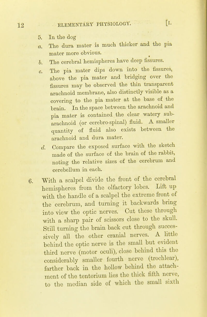 [I- 5. In the dog a. The dura mater is much thicker and the pia mater more obvious. * h. The cerebral hemispheres have deep fissures. c. The pia mater dips down into the fissures, above the pia mater and bridging over the fissures may be observed the thin transparent arachnoid membrane, also distinctly visible as a covering to the pia mater at the base of the brain. In the space between the arachnoid and pia mater is contained the clear watery sub- arachnoid (or cerebro-spinal) fluid. A smaller quantity of fluid also exists between the arachnoid and dura mater. d. Compare the exposed surface with the sketch made of the surface of the brain of the rabbit, noting the relative sizes of the cerebrum and cerebellum in each. 6. Witli a scalpel divide the front of the cerebral hemispheres from the olfactory lobes. Lift up with the handle of a scalpel the extreme front of the cerebrum, and turning it backwards bring into view the optic nerves. Cut these through with a sharp pair of scissors close to the skull. Still turning the brain back cut through succes- sively all the other cranial nerves. A little behind the optic nerve is the small but evident third nerve (motor oculi), close behind this the considerably smaller fourth nerve (trochlear), farther back in the hollow behind the attach- ment of the tentorium lies the thick fifth nerve, to the median side of which the small sixth