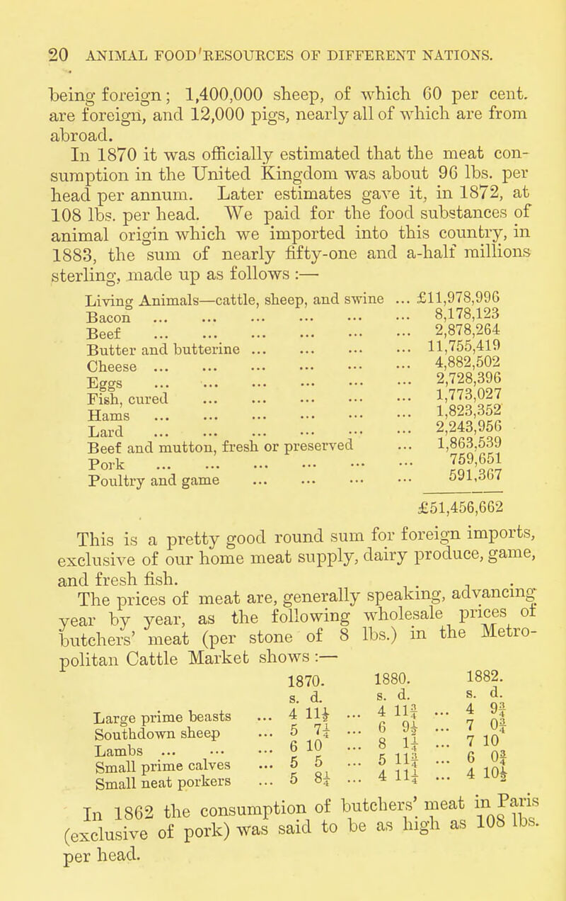 being foreign; 1,400,000 sheep, of which 60 per cent, are foreign, and 12,000 pigs, nearly all of which are from abroad. In 1870 it was officially estimated that the meat con- sumption in the United Kingdom was about 96 lbs. per head per annum. Later estimates gave it, in 1872, at 108 lbs. per head. We paid for the food substances of animal origin which we imported into this country, in 1883, the sum of nearly fifty-one and a-half millions sterling, made up as follows :— Living Animals—cattle, sheep, and swine ... £11,978,996 Bacon 8,178,123 Beef 2,878,264 Butter and butterine 11,755,419 Cheese 4,882,502 Eggs ... 2,728,396 art! ::: ::: ::: ::: ::: jif Lard 2,243,956 Beef and mutton, fresh or preserved ... 1,863,539 Pork 759,651 Poultry and game 591,367 £51,456,662 This is a pretty good round sum for foreign imports, exclusive of our home meat supply, dairy produce, game, and fresh fish. The prices of meat are, generally speaking, advancing year by year, as the following wholesale prices oi butchers' meat (per stone of 8 lbs.) in the Metro- politan Cattle Market shows :— 1870. 1880. 1882. s. d. s. d. s. d^ Large prime beasts ... 4 11* - 4 llf ... 4 9| Southdown sheep ... 5 7T ••• b J, - < 4 Lambs 6 10 ... 8 1* ... ' ^ Small prime calves ... 5 5 ... & llj - » j Small neat porkers ... 5 8? ... 4 ll4 ... * In 1862 the consumption of butchers; meat in Paris (exclusive of pork) was said to be as high as 108 lbs. per head.