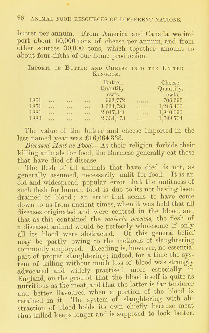 butter per annum. From America and Canada we im- port about 60,000 tons of cheese per annum, and from other sources 30,000 tons, which together amount to about four-fifths of our home production. Imposts of Butter and Cheese into the United Kingdom. Butter. Cheese. Quantity. Quantity, cwts. cwts. 1861 992,772 706,395 1871 1,334,783 1,216,400 1881 2,047,341 1,840,090 1883 2,334,473 1,799,704 The value of the butter and cheese imported in the last named year was £16,664,333. Diseased Meat as Food.—As their religion forbids their killing animals for food, the Burmese generally eat those that have died of disease. The flesh of all animals that have died is not, as generally assumed, necessarily unfit for food. It is an old and widespread popular error that the unfitness of such flesh for human food is due to its not having been drained of blood; an error that seems to have come down to us from ancient times, when it was held that all diseases originated and were centred in the blood, and that as this contained the materia peccans, the flesh of a diseased animal would be perfectly wholesome if only all its blood were abstracted. Or this general belief may be partly owing to the methods of slaughtering commonly employed. Bleeding is, however, no essential part of proper slaughtering; indeed, for a time the sys- tem of killing without much loss of blood was strongly advocated and widely practised, more especially in England, on the ground that the blood itself is quite as nutritious as the meat, and that the latter is far tenderer and better flavoured when a portion of the blood is retained in it. The system of slaughtering with ab- straction of blood holds its own chiefly because meat thus killed keeps longer and is supposed to look better.