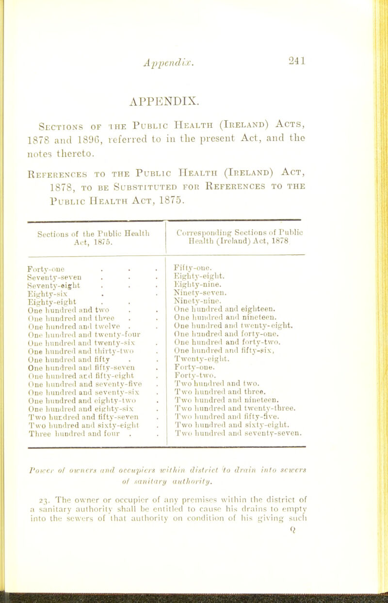 Ai)pcndLc. APPENDIX. SECTIONS OF ■iiiE Public Health (Ireland) Acts, 1878 and 1896, leferred to in the present Act, and the notes thereto. References to the Public Health (Ireland) Act, 1878, TO BE Substituted for References to the Public Health Act, 1875. Sections of the Public Heiiltli Act, 18/5. Seveiity-seveu Seventy-eight Eiirhty-six Eifrhty-eight One liundred imd two One liundred iuid lh>-ee One hundred and twelve . One hundred .and twenty-four One liundi-ed and twenty-fix One hundred and thirty-two One liundred and Kfty One hundred and fifty-seven One hundred acd fifty-eight I ine hiindreil and seventy-five One hundred and seventy-six One hundred and eighty-two One liundred and eighty-six Two hundred and fifty-seven Two hundred and sixty-eight Three hundred and four Corresponding Sections of Piiblic Health (Ireland) Act, 1878 Fifty-one. Eighty-eight. Kighty-nine. Ninety-seven. Nincty-uiue. One hundred .and eighteen. One hundred and nineteen. One hundred and twenty-eight. One hundred and forty-one. One hundreil and forty-two. One hundred and fifty-six, Twenty-eight. Forty-one. Forty-two. Two hundred and two. Two hundred and three. Two hundred and nineteen. Two hundred and twenty-three. Two hundred .and fifty-Sve. Two liundred and sixty-eight. Two hundred .and seventy-seven. I'oiccr of ijirncrs find occupiers witliin di.^'tricl to drain iiilo severs of xaitihiri/ autfiiiril!/. 23. The owner or occupier of any premises within the district of .■I sanitary authoritv shall be entitled to cause his drains to empty into the sewers of that authority on condition of his giving such