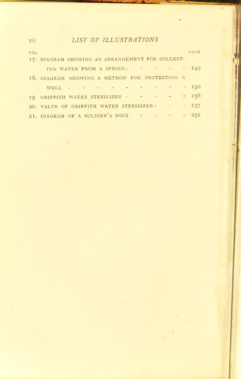 FIG. I'AGE 17. DIAGRAM SHOWING AN ARRANGEMENT FOR COLLECT- ING WATER FROM A SPRING 149 18. DIAGRAM SHOWING A METHOD FOR PROTECTING A WELL I5° ig. GRIFFITH WATER STERILIZER I56 20. VALVE OF GRIFFITH WATER STERIDIZER - - 157 21. DIAGRAM OF A SOLDIER'S BOOT - 252