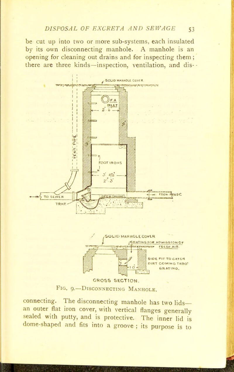 S3 be cut up into two or more sub-systems, each insulated by its own disconnecting manhole. A manhole is an opening for cleaning out drains and for inspecting them; there are three kinds—inspection, ventilation, and dis- i cross section. Fig. 9.—Disconnecting Manhole. connecting. The disconnecting manhole has two lids— an outer flat iron cover, with vertical flanges generally sealed with putty, and is protective. The inner lid is dome-shaped and fits into a groove ; its purpose is to