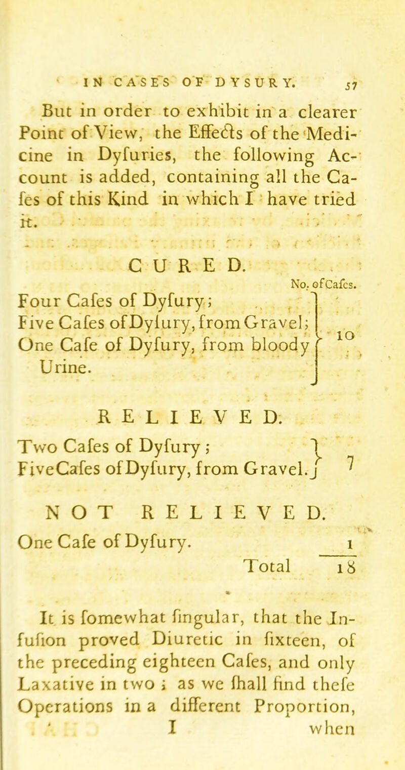 But in order to exhibit in a clearer Point of View, the Effedfs of the Medi- cine in Dyfuries, the following Ac- count is added, containing all the Ca- fes of this Kind in which I have tried it. ' -V . '  CURED. No, ofCafcs. Four Cafes of Dyfury; Five Cafes ofDylury,fromGraveb One Cafe of Dyfury, from bloody Urine. r> 10 RELIEVED. Two Cafes of Dyfury ,* ^ FiveCafes of Dyfury, from Gravel, j ^ NOT RELIEVED. One Cafe of Dyfury. 1 Total 18 It is fomewhat fingular, that the In- fufion proved Diuretic in fixteen, of the preceding eighteen Cafes, and only Laxative in two i as we fhall find thefe Operations in a different Proportion, I when