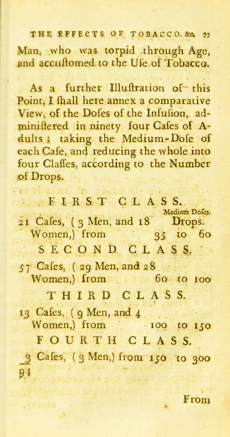 Man, who was torpid through Age, and accuftomed to the Ufe of Tobacco. As a further Illuftration oU this Point, I fhall here annex a comparative View, of the Dofes of the Infufion, ad- miniftered in ninety four Cafes of A- dults ; taking the Medium-Dofe of each Cafe, and reducing the whole into four Claffes, according to the Number of Drops. FIRST CLAS S. Medium Dofes. 21 Cafes, ( 3 Men, and 18 Drops. Women,) from 35 to 60 SECOND CLASS. 57 Cafes, ( 29 Men, and 28 Women,) from 60 to 100 THIRD CLASS. t 13 Cafes, ( 9 Men, and 4 Women,) from 100 to 150 FOURTH CLASS. _3 Cafes, ( 3 Men,) from 150 to 300 94 From
