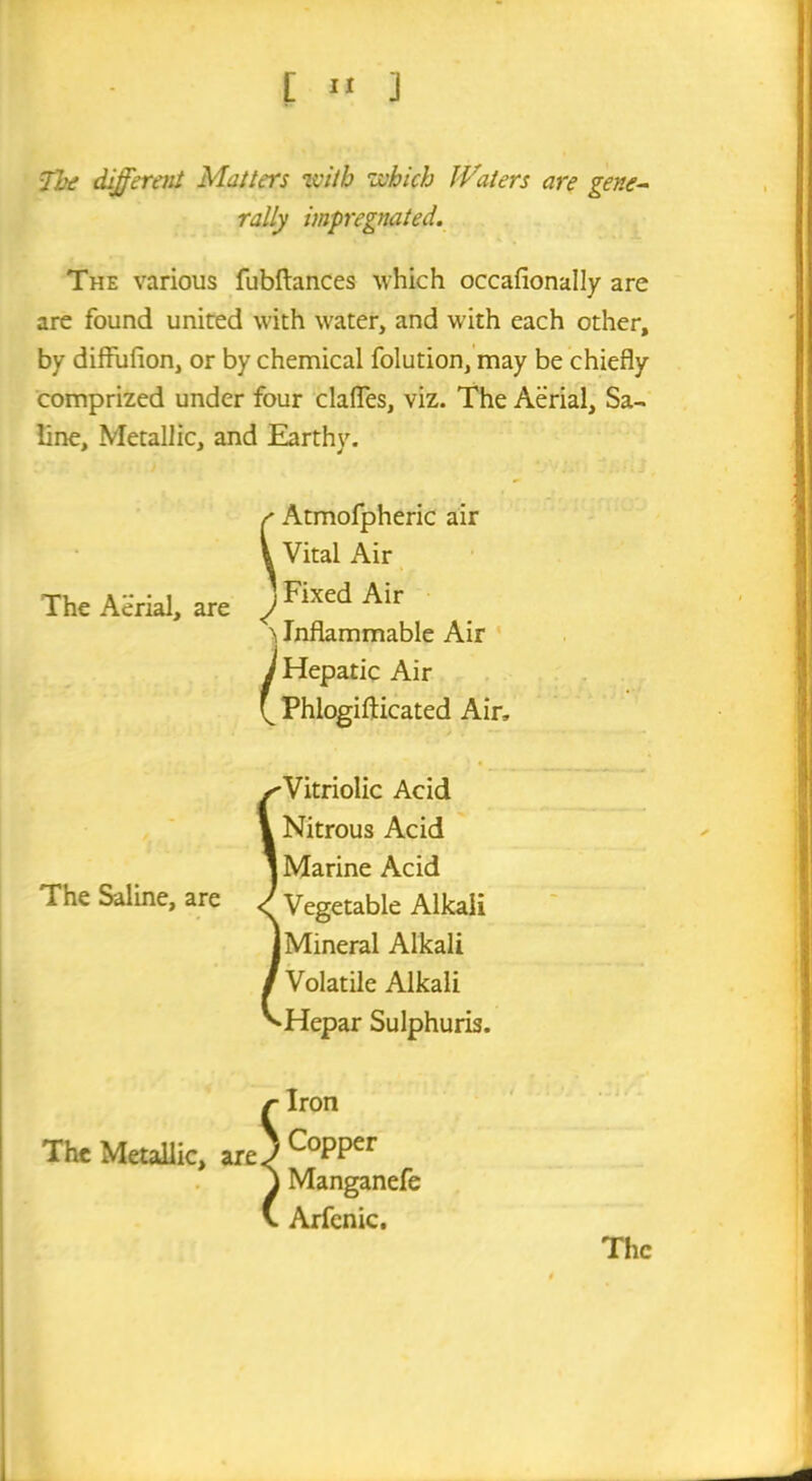 [ ” ] The different Matters with which Waters are gene- rally impregnated. The various fubftances which occafionally are are found united with water, and with each other, by diffufion, or by chemical folution, may be chiefly comprized under four clafles, viz. The Aerial, Sa- line, Metallic, and Earthy. e Atmofpheric air i Vital Air The Aerial, are } Fixed Air >i Inflammable Air j Hepatic Air Phlogifticated Air, The Saline, are Vitriolic Acid Nitrous Acid Marine Acid Vegetable Alkali Mineral Alkali Volatile Alkali Hepar Sulphuris. Iron The Metallic, are^ CoPPer Manganefe Arfcnic.