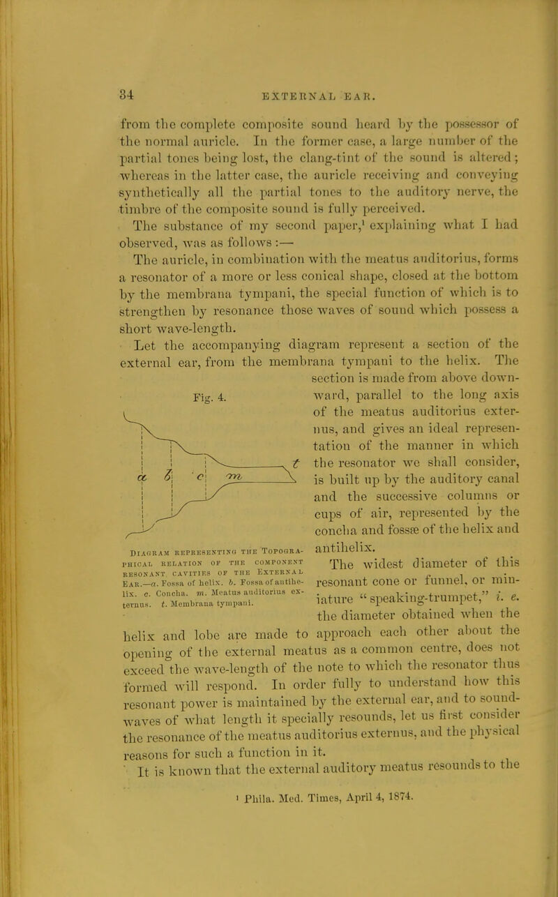 from the complete composite sound lieard by the possessor of the normal auricle. In the former case, a large number of the partial tones being lost, the clang-tint of the sound is altered; whereas in the latter case, the auricle receiving and conveying synthetically all the partial tones to the auditory nerve, the timbre of the composite sound is fully perceived. The substance of my second paper,^ explaining what I had observed, was as follows :— The auricle, in combination Avith the meatus auditorius, forms a resonator of a more or less conical shape, closed at the bottom by the membrana tympani, the special function of which is to strengthen by resonance those waves of sound which possess a short wave-length. Let the accompanying diagram represent a section of the external ear, from the membrana tympani to the helix. The section is made from above down- ward, parallel to the long axis of the meatus auditorius exter- nus, and gives an ideal represen- tation of the manner in which the resonator we shall consider, is built up by the auditory canal and the successive columns or cups of air, represented l)y the concha and fossse of the helix and Fiff. 4. antihelix. The widest diameter of this BlACIRAM BEPBESENrlSG THE TOPOGRA- PHICAL KELATION OF THE COMPOXE.VT BESONAXT CAVITIES OP THE EXTERXAL Ear.—a. Fossa of helix. 6. Fossa of autihe- resonaut conc Or lunncl, or miu- S..:: TSliature speaking-trumpet, i. e. the diameter obtained when the helix and lobe are made to approach each other about the opening of the external meatus as a common centre, does not exceed°the wave-length of the note to which the resonator thus formed will respond. In order fully to understand how this resonant power is maintained by the external ear, and to sound- waves of what length it specially resounds, let us first consider the resonance of the meatus auditorius externus, and the physical reasons for such a function in it. It is known that the external auditory meatus resounds to the I Phila. Med. Times, April 4, 1874.