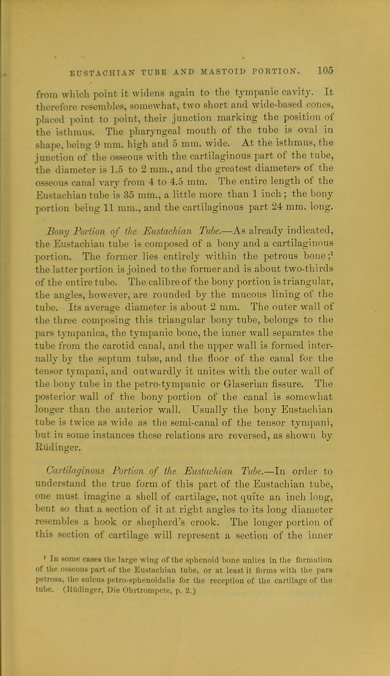 from which point it widens again to the tympanic cavity. It therefore resembles, somewhat, two short and wide-based cones, placed point to point, their junction marking the position of the isthmus. The pliaryngeal mouth of the tube is oval in shape, being 9 mm. high and 5 mm. wide. At the isthmus, the junction of the osseous with the cartilaginous part of the tube, the diameter is 1.5 to 2 mm., and the greatest diameters of the osseous canal vary from 4 to 4.5 mm. Tlie entire length of the Eustachian tube is 35 mm., a little more than 1 inch; the bony portion being 11 mm., and the cartilaginous part 24 mm. long. Bony Fortiori of the Eustachian Tube.—As already indicated, the Eustachian tube is composed of a bony and a cartilaginous portion. The former lies entirely within the petrous bone ;^ the latter portion is joined to the former and is about two-thirds of the entire tube. The calibre of the bony portion is triangular, the angles, however, are rounded by the mucous lining of the tube. Its average diameter is about 2 mm. The outer wall of the three composing this triangular bony tube, belongs to the pars tympanica, the tympanic bone, the inner wall separates the tube from the cai'otid canal, and the upper wall is formed inter- nally by the septum tubfe, and the floor of the canal for the tensor tympani, and outwardly it unites Avith the outer wall of the bony tube in the petro-tympanic or Glaserian fissure. The posterior wall of the bony portion of the canal is somewhat longer than the anterior wall. Usually the bony Eustaeliian tube is twice as wide as the semi-canal of the tensor tymimni, but in some instances these relations are reversed, as shown by Kudinger. Cartilagivous Portion of the Eustachian Tithe.—In order to understand the true form of this part of the Eustachian tube, one must imagine a shell of cartilage, not quite an inch long, bent so that a section of it at right angles to its long diameter resembles a hook or shepherd's crook. The longer portion of this section of cartilage will represent a section of the inner ' In some cases the large wing of the splienoid bone unites in the formatiou of the osseous part of the Eustachian tube, or at least it forms with the para petrosa, the sulcus pfitro-sphcnoidalis for the reception of the cartilage of the tube. (Hudinger, Die Ohrtrompete, p. 2.)