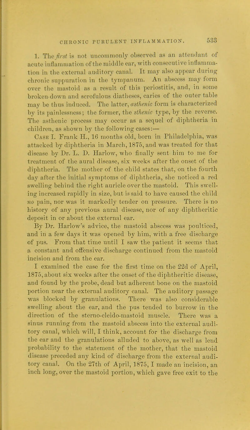 1. TheJirst is not uncommonly observed as an attendant of acute inflammation of the middle ear, with consecutive inflamma- tion in the external auditory canal. It may also appear durinpf chronic suppuration in the tympanum. An abscess may form over tlic mastoid as a result of this periostitis, and, in some broken-down and scrofulous diatheses, caries of the outer table may be thus induced. The latter, asthenic form is characterized by its painlessness; the former, the sthenic type, by the reverse. The asthenic process may occur as a sequel of diphtheria in children, as shown by the following cases:— Case I. Frank H., 16 months old, born in Philadelphia, was attacked by diphtheria in March, 1875, and was treated for that disease by Dr. L. D. Ilarlow, who finally sent him to me for treatment of the aural disease, six weeks after the onset of the diphtheria. The mother of the child states that, on the fourth day after the initial symptoms of diphtheria, she uoticed a red swellino- behind the rio;ht auricle over the mastoid. This swell- ing increased rapidly in size, but is said to have caused the child no pain, nor was it markedly tender on pressure. There is no history of any previous aural disease, nor of any diphtheritic deposit in or about the external ear. By Dr. Harlow's advice, the mastoid abscess was poulticed, and in a few days it was opened by him, with a free discharge of pus. From that time until I saw the patient it seems that a constant and oflE'ensive discharge continued from the mastoid incision and from the ear. I examined the case for the first time on the 22d of April, 1875, about six weeks after the onset of the diphtheritic disease, and found by the probe, dead but adherent bone on the mastoid portion near the external auditory canal. The auditory passage was blocked by granulations. There was also considerable swelling about the ear, and the pus tended to burrow in the direction of the sterno-cleido-mastoid miiscle. There was a sinus running from the mastoid abscess into the external audi- tory canal, which will, I think, account for the discharge from the ear and the granulations alluded to above, as well as lend probability to the statement of the mother, that the mastoid disease preceded any kind of discharge from the external audi- tory canal. On the 27th of April, 1875, I made an incision, an inch long, over the mastoid portion, which gave free exit to the