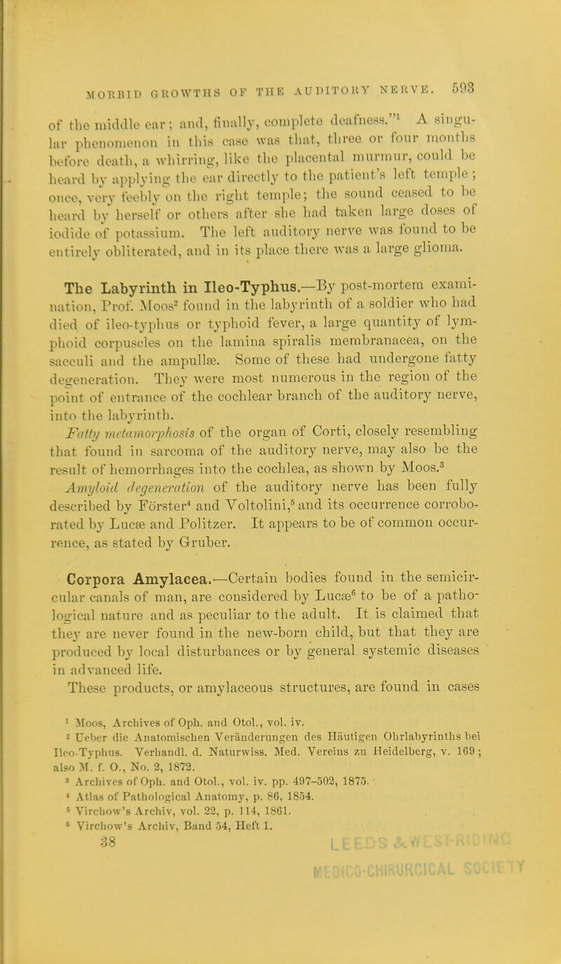 of the middle ear; and, finally, complete deafness.' A singu- lar phenonienou in this case was that, three or four months before death, a whirring, like the placental murmur, could be heard by applying the ear directly to the patient's left temple ; once, very feebly on the right temple; the sound ceased to be heard by herself or others after she had taken large doses of iodide of potassium. The left auditory nerve was found to be entirely obliterated, and in its place there was a large glioma. The Labyrinth in Ileo-Typhus.—By post-mortem exami- nation, Prof. :Moos== found in the labyrinth of a soldier who had died of ileo-typhus or typhoid fever, a large quantity of lym- phoid corpuscles on the lamina spiralis membranacea, on the sacculi and the ampulla2. Some of these had undergone fatty defeneration. They were most numerous in the region of the point of entrance of the cochlear branch of the auditory nerve, into tlie labyrinth. Fatty radamorpliosis of the organ of Corti, closely resembling that found in sarcoma of the auditory nerve, may also be the result of hemorrhages into the cochlea, as shown by Moos.^ Amyloid degeneration of the auditory nerve has been fully described by Forster* and Voltolini,* and its occurrence corrobo- rated by Lucffi and PoHtzer. It appears to be of common occur- rence, as stated by Gruber. Corpora Amylacea.—Certain bodies found in the semicir- cular canals of man, are considered by Lucae^ to be of a patho- logical nature and as peculiar to the adult. It is claimed that they are never found in the new-born child, but that they are produced by local disturbances or by general systemic diseases in advanced life. These products, or amylaceous structures, are found in cases ' Moos, Arcliives of Oph. and Otol., vol. iv. 2 Ueber die Anatomischen Veiauderungen des Hautigen Ohrlabyrinths bei Ileo-Typlius. Verliandl. d. Naturwiss. Med. Yereius zu Heidelberg, v. 109; also M. f. O., No. 2, 1873. 3 Archives of Oph. and Otol., vol. iv. pp. 497-503, 1875. * Atlas of Pathological Anatomy, p. 86, 1854. 5 Virchow's Archiv, vol. 22, p. 114, 1801. ^ Vircliow's Arcliiv, Band 54, Heft 1. 38 I i