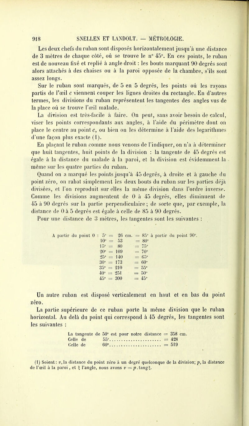 Les deux chefs du ruban sont disposés liorizontalement jusqu'à une distance de 3 naètres de chaque côté, où se trouve le n° 45. En ces points, le ruban est de nouveau fixé et replié à angle droit : les bouts marquant 90 degrés sont alors attachés à des chaises ou à la paroi opposée de la chambre, s'ils sont assez longs. Sur le ruban sont marqués, de 5 en 5 degrés, les points où les rayons partis de l'œil c viennent couper les lignes droites du rectangle. En d'autres termes, les divisions du ruban représentent les tangentes des angles vus de la place où se trouve l'œil malade. La division est très-facile à faire. On peut, sans avoir besoin de calcul, viser les points correspondants aux angles, à l'aide du périmètre dont on place le centre au point c, ou bien on les détermine à l'aide des logarithmes d'une façon plus exacte (1). En plaçant le ruban comme nous venons de l'indiquer, on n'a à déterminer que huit tangentes, huit points de la division : la tangente de 45 degrés est égale à la distance du malade à la paroi, et la division est évidemment la même sur les quatre parties du ruban. Quand on a marqué les points jusqu'à 45 degrés, à droite et à gauche du point zéro, on rabat simplement les deux bouts du ruban sur les parties déjà divisées, et l'on reproduit sur elles la même division dans l'ordre inverse. Gomme les divisions augmentent de 0 à 45 degrés, elles diminuent de 45 à 90 degrés sur la partie perpendiculaire ; de sorte que, par exemple, la distance de 0 à 5 degrés est égale à celle de 85 à 90 degrés. Pour une distance de 3 mètres, les langentes sont les suivantes : 5° = 26 cm. = 85° à partir An point 90° 10° = 53 = 80° 15° = 80 = 75° 20° = 109 = 70° 25° = 140 = 65» 30° = 173 = 60° 35° = 210 = 55° 40° = 251 = 50° 45° = 300 = 45» Un autre ruban est disposé verticalement en haut et en bas du point zéro. La partie supérieure de ce ruban porte la même division que le ruban horizontal. Au delà du point qui correspond à 45 degrés, les tangentes sont les suivantes : La tangente de 50° est pour notre distance = 358 cm. Celle de 55° =428 Celle de 60° =519 (1) Soient: v,\a. distance du point zéro à un degré quelconque de la division; p, la distance de l'œil à la paroi, et 5 l'angle, nous avons v =/).tang|.