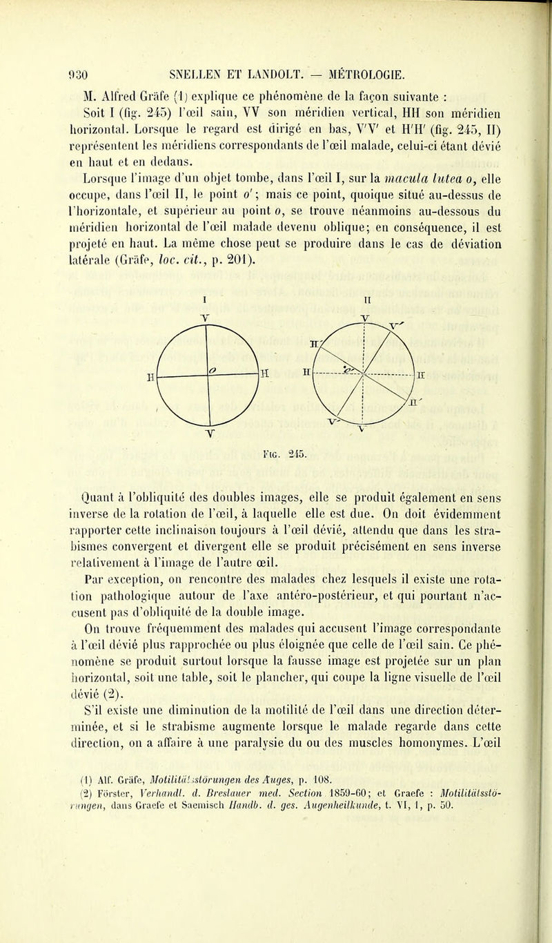 M. Alfred Grafe ( Ij explique ce phénomène de la façon suivante : Soit I (fig. 245) l'œil sain, VV son méridien vertical, HH son méridien horizontal. Lorsque le regard est dirigé en bas, VV et H'H' (fig. 245, II) représentent les méridiens correspondants de l'œil malade, celui-ci étant dévié en haut et en dedans. Lorsque l'image d'un objet tombe, dans l'œil I, sur la macula lutea o, elle occupe, dans l'œil II, le point o'; mais ce point, quoique situé au-dessus de l'horizontale, et supérieur au point o, se trouve néanmoins au-dessous du méridien horizontal de l'œil malade devenu oblique; en conséquence, il est projeté en haut. La même chose peut se produire dans le cas de déviation latérale (Grafe, loc. cit., p. 201). Quant à l'obliquité des doubles images, elle se produit également en sens inverse de la rotation de l'œil, à laquelle elle est due. On doit évidemment rapporter cette inclinaison toujours à l'œil dévié, attendu que dans les stra- bismes convergent et divergent elle se produit précisément en sens inverse relativement à l'image de l'autre œil. Par exception, on rencontre des malades chez lesquels il existe une rota- tion pathologique autour de l'axe antéro-postérieur, et qui pourtant n'ac- cusent pas d'obliquité de la double image. On trouve fréquemment des malades qui accusent l'image correspondante à l'œil dévié plus rapprochée ou plus éloignée que celle de l'œil sain. Ce phé- nomène se produit surtout lorsque la fausse image est projetée sur un plan horizontal, soit une table, soit le plancher, qui coupe la ligne visuelle de l'œil dévié (2). S'il existe une diminution de la motilité de l'œil dans une direction déter- minée, et si le strabisme augmente lorsque le malade regarde dans cette direction, on a affaire à une paralysie du ou des muscles homonymes. L'œil (1) Alf. Grafe, Motilitât sstôruntjen des Aur/es, p. 108. (2) Forstcr, Verliandl. d. Dreslauer med. Section 1859-00; et Graefe : Motilitdissto- riimjen, dans Graefe et Sacmisch Ilandb. d. (jes. Augenheilkunde, t. VI, I, p. 50.