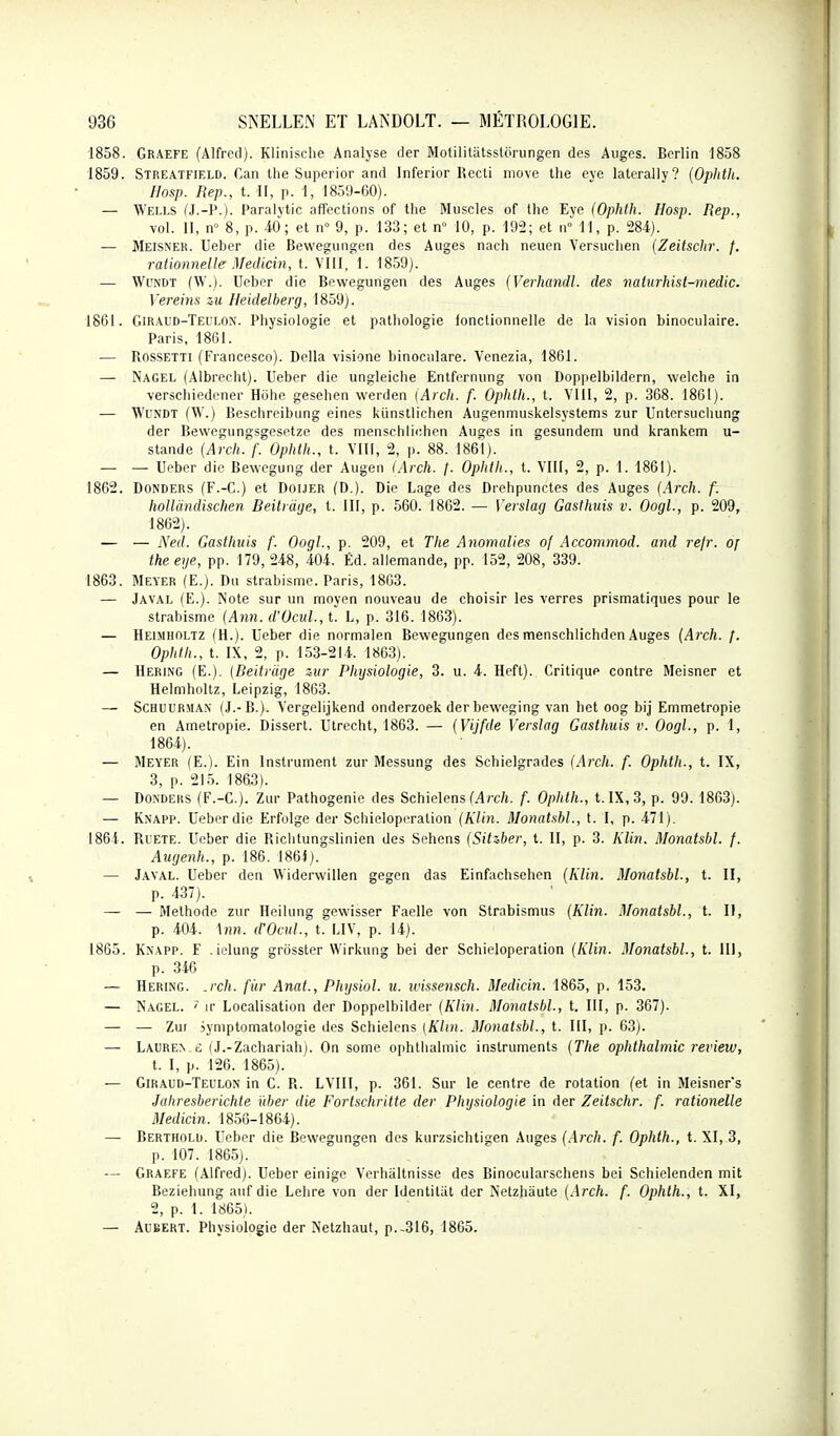 1858. Graefe (Alfred). Klinische Analyse der MotilitaUstorungen des Anges. Berlin 1858 1859. Streatfield. Can Ihe Superior and Inferior Recli move the eye laterally? (Opiith. Hosp. Rep., t. II, p. 1, 1859-60). — Wells fJ.-P.). Paralvtic affections of the Muscles of the Eve (Ophtii. Hosp. Rep., vol. II, n 8, p. -40; et n» 9, p. 133; et n 10, p. 192; et n° 11, p. 284). — Meisner. Ueber die Bewegungen des Auges nach neucn Versuchen {Zeitsclir. f. rationnelle Medicin, t. vlll, 1. 1859). — Wl'ndt (W.). Ueber die Bewegungen des Auges (Verhmidl. des naturhisi-medic. Vereins zu Heidelberg, 1859). 861. Giral'd-Teulox. Physiologie et patliologie fonctionnelle de la vision binoculaire. Paris, 1861. — BOSSETTI (Francesco). Délia visione binoculare. Venezia, 1861. — Nagel (Albrecht). Ueber die ungleiche Entfernung von Doppelbildern, vvelche in verschiedoner Huhe geselien werden (Arch. f. Ophlh., t. VllI, 2, p. 368. 1861). — WuNDT (V.) Beschreibiing eines kiinstlichen Augenmuskelsystems zur Untersuchung der Bewegungsgesetze des menschlichen Auges in gesundem und krankem u- stande {Arch. f. Ophlh., t. VIII, 2, p. 88. 1861). — — Ueber die Bewegung der Augen (Arch. /. Oplith., t. VIII, 2, p. 1. 1861). 1862. DONDERS (F.-C.) et Douer (D.). Die Lage des Drehpunctes des Auges (Arch. f. hollandischen Beitràije, t. III, p. 560. 1862. — Verslag Gasthuis v. Oogl., p. 209, 1862). — — Ned. Gasthuis f. Oogl., p. 209, et The Anomalies o[ Accommod. and refr. oj theeije, pp. 179,248, 404. Éd. allemande, pp. 152, 208, 339. 1863. Meyer (E.). Du strabisme. Paris, 1863. — Javal (E.). Note sur un moyen nouveau de choisir les verres prismatiques pour le strabisme (Ann. d'Ocul., t. L, p. 316. 1863). — Heimholtz (H.). Ueber die normalen Bewegungen des menschlichden Auges (Arch. /. Ophlh., t. IX, 2, p. 153-214. 1863). — Hering (E.). {Deitrage wr Physiologie, 3. u. 4. Hcft). Critique contre Meisner et Heimholtz, Leipzig, 1863. — SCHUURMAN (J.-B.). Vergelijkend onderzoek derbeweging van het oog bij Emmetropie en Ametropie. Dissert. Utrocht, 1863. — {Vijfde Verslag Gasthuis v. Oogl., p. 1, 1864). — Meyer (E.). Ein Instrument zur Messung des Schielgrades (Arch. f. Ophth., t. IX, 3, p. 215. 1863). — DONDERS (F.-C). Zur Pathogenie des Schielens (^rc/i. f. Ophth., t. IX, 3, p. 99. 1863). — Knapp. Ueber die Erfolge der Scbieloperation (Klin. Monatshl., t. I, p. 471). 1864. BiETE. Ueber die Biclitungslinien des Sehcns (Sitzber, t. II, p. 3. Klin. Monatsbl. f. Augenh., p. 186. I86i). — J.wal. Ueber den Widerwillen gegen das Einfachsehen {Klin. Monatsbl., t. II, p. 437). — — Méthode zur Heilung gewisser Facile von Strabismus (Klin. Monatsbl., t. Il, p. 404. \nn. d'Ocul., t. LIV, p. 14). 1865. Kxapp. e -ielung grossier Wirkung bei der Schieloperation (A7w!. Monatsbl., t. III, p. 346 — Hering. .rch. fùr Anal., Phgsiol. u. wissensch. Medicin. 1865, p. 153. — Nagel. ? ir Localisation der Doppelbilder {Klin. Monatsbl., t. III, p. 367). — — Zur iymptomatologie des Schielens {Kltn. Monatsbl., t. III, p. 63). — Laurex^é: (J.-Zachariahj. On some ophthalmic instruments {The ophthalmic revieiv, t. I, p. 126. 1865). — Giraud-Teulon in G. R. LVIII, p. 361. Sur le centre de rotation (et in Meisner's Jaliresberichte ûher die Fortschrilte der Physiologie in der Zeitsclir. f. rationelle Medicin. 1856-1864). — Bertholu. Ueber die Bewegungen des kurzsichtigen Auges {.[rch. f. Ophth., t. XI, 3, p. 107. 1865). — Graefe (.\lfred). Ueber einige Verhiiltnisse des Binocularschens bei Schielenden mit Beziehung auf die Lehre von der Identiliit der Netzhâute {Arch. f. Ophlh., t. XI, 2, p. 1. 1865). — AuBERT. Physiologie der Netzhaut, p.-316, 1865.