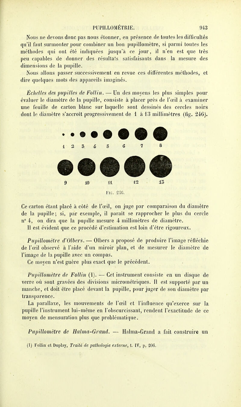 Nous ne devons donc pas nous étonner, en présence de toutes les difficultés qu'il faut surmonter pour combiner un bon pupillomètre, si parmi toutes les méthodes qui ont été indiquées jusqu'à ce jour, il n'en est que très peu capables de donner des résultats satisfaisants dans la mesure des dimensions de la pupille. Nous allons passer successivement en revue ces dilférentes méthodes, et dire quelques mots des appareils imaginés. Échelles des pupilles de Follin. — Vu des moyens les plus simples pour évaluer le diamètre de la pupille, consiste à placer près de l'œil à examiner une feuille de carton blanc sur laquelle sont dessinés des cercles noirs dont le diamètre s'accroît progressivement de 1 à 13 millimètres (fig. 24(j). 125^5 6 7 8 9 10 11 12 13 [■ic. 21G. Ce carton étant placé à côté de l'œil, on juge par comparaison du diamètre de la pupille; si, par exemple, il parait se rapprocher le plus du cercle n° 4, on dira que la pupdle mesure 4 millimètres de diamètre. Il est évident que ce procédé d'estimation est loin d'être rigoureux. Pupillomètre d'Olbers. — Olbers a proposé de produire l'image réfléchie de l'œil observé à l'aide d'un miroir plan, et de mesurer le diamètre de l'image de la pupille avec un compas. Ce moyen n'est guère plus exact que le précédent. Pupillomètre de Folli7i (1). — Cet instrument consiste en un disque de verre où sont gravées des divisions micrométriques. Il est supporté par un manche, et doit être placé devant la pupille, pour juger de son diamètre par transparence. La parallaxe, les mouvements de l'œil et l'influence qu'exerce sur la pupille l'instrument lui-même en l'obscurcissant, rendent l'exactitude de ce moyen de mensuration plus que problématique. Piipillomètre de Halma-Grand. — Halma-Grand a fait construire un (1) Follin et Duplay, Traité de patholofjie externe, t. IV, p. 206.