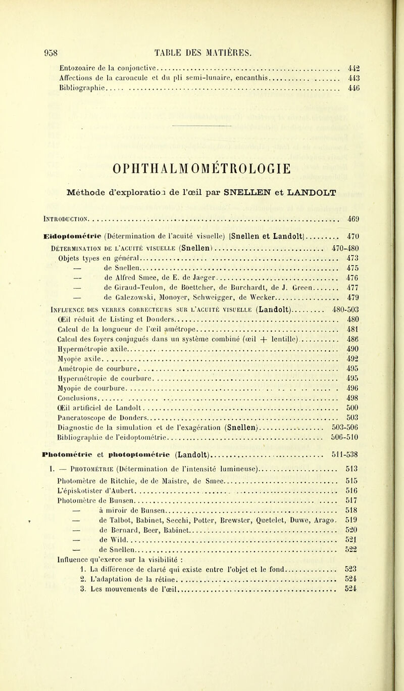 Entozoairc de la conjonctive 4-42 Affections de la caroncule et du pli semi-lunaire, encanthis 443 Bibliographie - 446 OPHTHALMOMÉTROLOGIE Méthode d'exploratioj de l'œil par SNELLEN et LANDOLT Introduction 469 Eidoptomctric (Détermination de l'acuité visuelle) [Snellen et Landolt] 470 DÉTERMINATION DE L'ACUITÉ VISUELLE (Snellen) 470-480 Objets types en général 473 — de Snellen 475 — de Alfred Smee, de E. de Jaeger 476 — de Giraud-Teulon, de Boettcher, de Burchardt, de J. Green 477 — de Galezowski, iHonoyer, Schweigger, de Wecker 479 Influence des verres correcteurs sur l'acuité visuelle (Landolt) 480-503 ÛEil réduit de Listing et Donders 480 Calcul de la longueur de l'œil amétrope 481 Calcul des foyers conjugués dans un système combiné (œil + lentille) 486 Hypermétropie axile 490 Myopie axile 492 Amétropie de courbure 495 Hypermétropie de cimrbure 495 Myopie de courbure 496 Conclusions 498 Œil artificiel de Landolt 500 Pancratoscope de Donders 503 Diagnostic de la simulation et de l'exagération (Snellen) 503-506 Bibliographie de l'eidoptométrie 506-510 Pliotonictrie et photoptoiiiétrie (Landolt) 511-538 I. — PiiOTOMÉTRiE (Détermination de l'intensité lumineuse) 513 Photomètre de Bitchie, de de Maistre, de Smee 515 L'épiskotisler d'Aubert 516 Photomètre de Bunsen 517 — à miroir de Bunsen 518 — de Talbot, Babinet, Secchi, Potter, Brewster, Quetelet, Duwe, Arago. 519 — de Bernard, Beer, Babinet 520 — de Wild 521 — de Snellen 522 Influence qu'exerce sur la visibilité : 1. La dilfércnce de clarté qui existe entre l'objet et le fond 523 2. L'adaptation de la rétine 524 3. Les mouvements de l'œil 524