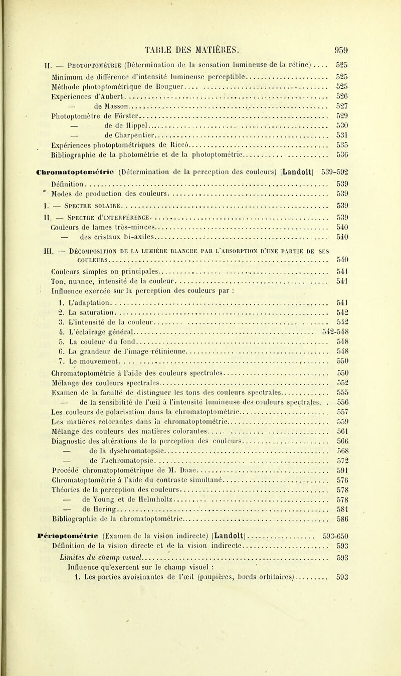 II. — Photoptométhie (Détermination de la sensation lumineuse de la rétine) .... 625 Minimum de différence d'intensité lumineuse perceptible 525 Méthode pliotoptométrique de Bouguer 525 Expériences d'Aubert 526 — de Masson 527 Pliotoptomètre de Fiirstcr 529 — de de Hippcl 530 — de Charpentier 531 Expériences photoptométriques de Hicco 535 Bibliographie de la photométrie et de la photoptométrie 530 Chroinatoptonictric (Détermination de la perception des couleurs) [Landolt] 539-592 Définition 539 Modes de production des couleurs 539 I. — Spectre solaire 539 II. — Spectre d'iMTEiiFÉRENCE 539 Couleurs de lames très-minces 540 — des cristau.x bi-a.\iles .... 540 III. — DÉCOMPOSITION DE LA LUMIÈRE BLAMCIIE PAR l'ARSORPTION D'UNE PARTIE DE SES COULEURS 510 Couleurs simples ou principales 541 Ton, nuance, intensité de la couleur 541 Influence exercée sur la perception des couleurs par : 1. L'adaptation 541 2. La saturation 542 3. L'intensité de la coiileur 542 A: L'éclairage général 542-548 5. La couleur du fond 548 6. La grandeur de l'image rétinienne 548 7. Le mouvement 550 Chromatoptométrie à l'aide des couleurs spectrales 550 Mélange des couleurs spectrales 552 Examen de la faculté de distinguer les tons des couleurs spectrales 555 — de la sensibilité de l'œil à l'intensité lumineuse des couleurs spectrales. . 556 Les couleurs de polarisation dans la chromatoptométrie.. 557 Les matières colorantes dans la chromatoptométrie 559 Mélange des couleurs des matières colorantes. 561 Diagnostic des altérations de la perception des couleurs 566 — de la dyschromatopsie 568 — de l'achromatopsie. 572 Procédé chromatoptométrifiue de M. Daae 591 Chromatoptométrie à l'aide du contraste simultané 576 Théories de la perception des couleurs 578 — de Young et de Helmholtz 578 — de Hering 581 Bibliograpiiie de la chromatoptométrie 586 Périoptoinétric (Examen de la vision indirecte) |Landolt] 593-650 Définition de la vision directe et de la vision indirecte 593 Limites du champ visuel 593 Influence qu'exercent sur le champ visuel : 1. Les parties avoisinantes de l'œil (paupières, bords orbitaires) 593