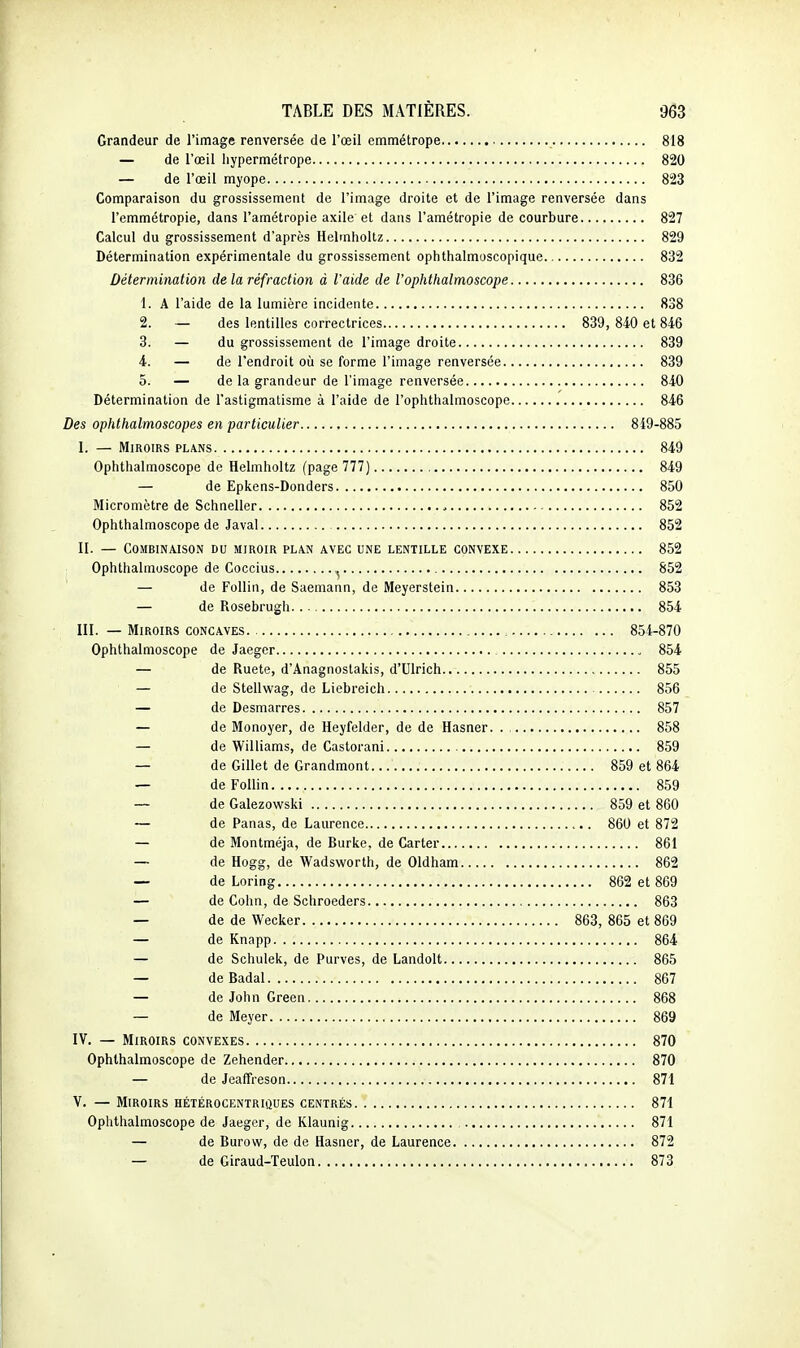 Grandeur de l'image renversée de l'œil emmétrope 818 — de l'œil hypermétrope 820 — de l'œil myope 823 Comparaison du grossissement de l'image droite et de l'image renversée dans l'emmétropie, dans l'amétropie axile et dans l'amétropie de courbure 827 Calcul du grossissement d'après Helmholtz 829 Détermination expérimentale du grossissement ophthalmoscopique 832 Détermination de la réfraction à l'aide de l'ophthalmoscope 836 1. A l'aide de la lumière incidente 838 2. — des lentilles correctrices 839, 840 et 846 3. — du grossissement de l'image droite 839 4. — de l'endroit où se forme l'image renversée 839 5. — de la grandeur de l'image renversée 840 Détermination de l'astigmatisme à l'aide de l'ophthalmoscope 846 Des ophthalmoscopes en particulier 849-885 I. — Miroirs plans 849 Ophthalmoscope de Helmholtz (page 777) 849 — de Epkens-Donders 850 Micromètre de Schneller 852 Ophthalmoscope de Javal 852 II. — Combinaison du miroir plan avec une lentille convexe 852 Ophthalmoscope de Coccius ^ 852 — de Follin, de Saemann, de Meyerstein 853 — de Rosebrugh 854 III. — Miroirs concaves 854-870 Ophthalmoscope de Jaegcr 854 — de Ruete, d'Anagnostakis, d'Ulrich 855 — de Stellwag, de Liebreich 856 — de Desmarres 857 — de Monoyer, de Heyfelder, de de Hasner. . 858 — de Williams, de Castorani 859 — de Gillet de Grandmont 859 et 864 — de Follin 859 — de Galezowski 859 et 860 — de Panas, de Laurence 860 et 872 — de Montméja, de Burke, de Carter 861 — de Hogg, de Wadsworth, de Oldham 862 — de Loring 862 et 869 — de Cohn, de Schroeders 863 — de de Wecker 863, 865 et 869 — de Knapp 864 — de Schulek, de Purves, de Landolt 865 — de Badal 867 — de John Green 868 — de Meyer 869 IV. — Miroirs convexes 870 Ophthalmoscope de Zehender 870 — de Jeaffreson 871 V. — Miroirs hétérocentriques centrés 871 Ophthalmoscope de Jaeger, de Klaunig 871 — de Burow, de de Hasner, de Laurence 872 — de Giraud-Teulon 873