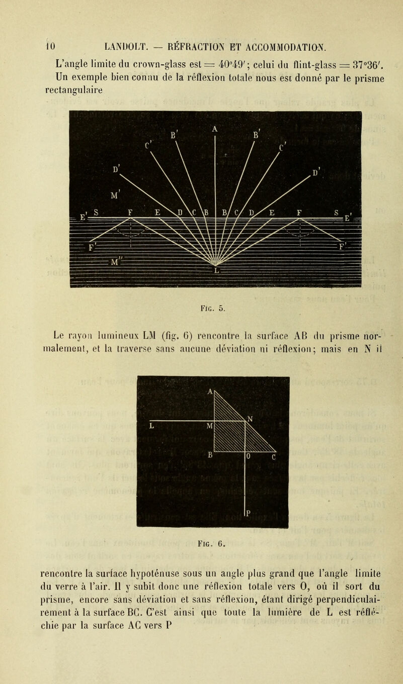 L'angle limite du crown-glass est = 40°49'; celui du flint-glass = 37^36'. Un exemple bien connu de la réflexion totale nous est donné par le prisme rectangulaire FiG. 5. Le rayon lumineux LM (fig. 6) rencontre la surface AB du prisme nor- malement, et la traverse sans aucune déviation ni réflexion; mais en N il A N L M il 1 :ê 1 k B 0 c P FlG. 6. rencontre la surtace hypoténuse sous un angle plus grand que l'angle limite du verre à l'air. 11 y subit donc une réflexion totale vers 0, où il sort du prisme, encore sans déviation et sans réflexion, étant dirigé perpendiculai- rement à la surface BG. C'est ainsi que toute la lumière de L est réflé- chie par la surface AG vers P