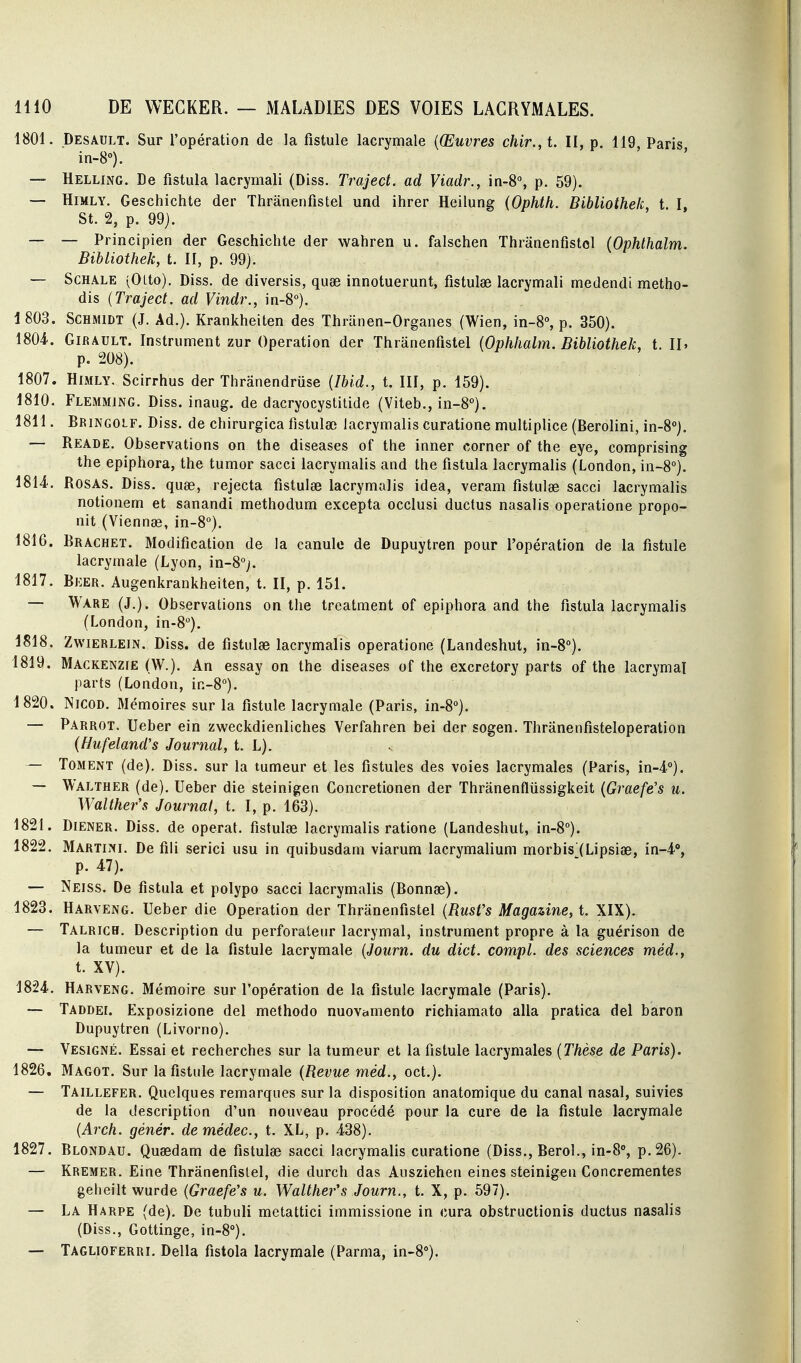 1801. Desault. Sur l'opération de la fistule lacrymale {Œuvres chir.,t. II, p. 119 Paris in-8°). — Helling. De fistula lacrymali (Diss. Traject. ad Viadr., in-8% p. 59). — HiMLY. Geschichte der Thrânenfistel und ihrer Heilung {Ophth. Bibliothelc, t. I, St. 2, p. 99). — — Principien der Geschichte der wahren u. falschen Thrânenfistol {Ophthalm. Bibliothek, t. II, p. 99). — ScHALE (Otto). Diss. de diversis, quae innotuerunt, fistulae lacrymali medendi metho- dis (Traject. ad Vindr., in-8). 1803. SCHMiDT (J. Ad.). Krankheiten des Thranen-Organes (Wien, in-8°, p. 350). 1804. GiRAULT. Instrument zur Opération der Thrânenfistel (Ophlialm. Bibliothelc, t. II. p. 208). 1807. HiMLY. Scirrhus der Thranendruse (Ibid., t. III, p. 159). 1810. Flemming. Diss. inaug. de dacryocystitide (Viteb., in-8°). 1811. Bringolf. Diss. de chirurgica fistulse lacrymalis curatione multipliée (Berolini, in-S). — Reade. Observations on the diseases of the inner corner of the eye, comprising the epiphora, the tumor sacci lacrymalis and the fistula lacrymalis (London, in-8°). 1814. Rosas. Diss. quse, rejecta fistulee lacrymalis idea, veram fistulee sacci lacrymalis notionem et sanandi methodum excepta occlusi ductus nasalis operatione propo- nit (Viennge, in-8°). 1816. Brachet. Modification de la canule de Dupuytren pour l'opération de la fistule lacrymale (Lyon, in-8°j. 1817. Bker. Augenkrankheiten, t. II, p. 151. — Ware (J.). Observations on the treatment of epiphora and the fistula lacrymalis (London, in-S). 1818. Zwierlein. Diss. de fistulae lacrymalis operatione (Landeshut, in-S). 1819. Mackenzie (W.). An essay on the diseases of the excretory parts of the lacrymal parts (London, ir.-S). 1820. NicoD. Mémoires sur la fistule lacrymale (Paris, in-8''). — Parrot. Ueber ein zweckdienliches Verfahren bei der sogen. Thranenfisteloperation (Hufeland's Journal, t. L). — Toment (de). Diss. sur la tumeur et les fistules des voies lacrymales (Paris, in-4°). — Walther (de). Ueber die steinigen Concretionen der Thrânenfliissigkeit {Graefe's u. Walther's Journal, t. I, p. 163). 1821. Diener. Diss. de opérât, fistulœ lacrymalis ratione (Landeshut, in-8°). 1822. Martini. De fili serici usu in quibusdam viarum lacrymalium morbis (Lipsiae, in-4% p. 47). — Neiss. De fistula et polypo sacci lacrymalis (Bonnae). 1823. Harveng. Ueber die Opération der Thrânenfistel {Rust's Magazine, t. XIX). — Talrich. Description du perforateur lacrymal, instrument propre à la guérison de la tumeur et de la fistule lacrymale {Journ. du dict. compl. des sciences méd., t. XV). 1824. Harveng. Mémoire sur l'opération de la fistule lacrymale (Paris). — Taddei. Exposizione del methodo nnovamento richiamato alla pratica del baron Dupuytren (Livorno). — Vesigné. Essai et recherches sur la tumeur et la fistule lacrymales [Thèse de Paris). 1826. Magot. Sur la fistule lacrymale (Revue méd., oct.). — Taillefer. Quelques remarques sur la disposition anatomique du canal nasal, suivies de la description d'un nouveau procédé pour la cure de la fistule lacrymale (Aixh. génér. demédec, t. XL, p. 438). 1827. Blondau. Quaedam de fistulse sacci lacrymalis curatione (Diss., Berol., in-8% p. 26). — Kremer. Eine Thrânenfistel, die durch das Ausziehen eines steinigen Concrementes gelieilt wurde (Graefe's u. Walther's Journ., t. X, p. 597). — La Harpe (de). De tubuli mctattici immissione in cura obstructionis ductus nasalis (Diss., Gottinge, in-8°). — Taglioferri. Délia fistola lacrymale (Parma, in-8'').