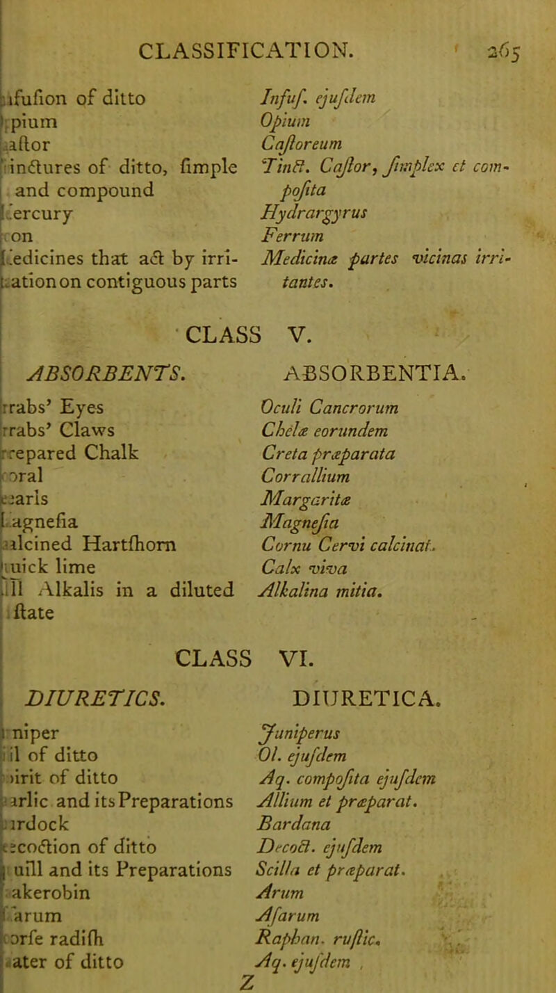 ilufion of ditto Infuf. ejufdem rcpium Opium a ft or Cajloreum inclures of ditto, fimple Tinff. Cajlor, /implex el com and compound pqfita Mercury Hydrargyrus I on Ferrim iedicines that act by irri- Medicina partes vicinas irri .ationon contiguous parts tantes. CLASS V. ABSORBENTS. rrabs' Eyes -nabs' Claws rrepared Chalk t oral snarls [..agnefia dcined Hartfhorn ^uick lime . ll .Alkalis in a diluted ftate AdBSORBENTIA. Oculi Cancrorum Chela eorundem Creta praparata Corrallium Margarita Magnefia Cornu Cervi calcinai ■ Calx viva Alkalina mitia. CLASS VI. DIURETICS. niper iil of ditto >irit of ditto irlic and its Preparations pirdock pcoclion of ditto I' uill and its Preparations f akerobin uarum corfe radifti •>ater of ditto DIURETICA. Juniperus 01. ejufdem Aq. compofita ejufdem Allium et preparat. Bardana Decoct, ejufdem Scilia et praparat. Arum Afarum Raphan. ruftic, Aq. ejufdem ,