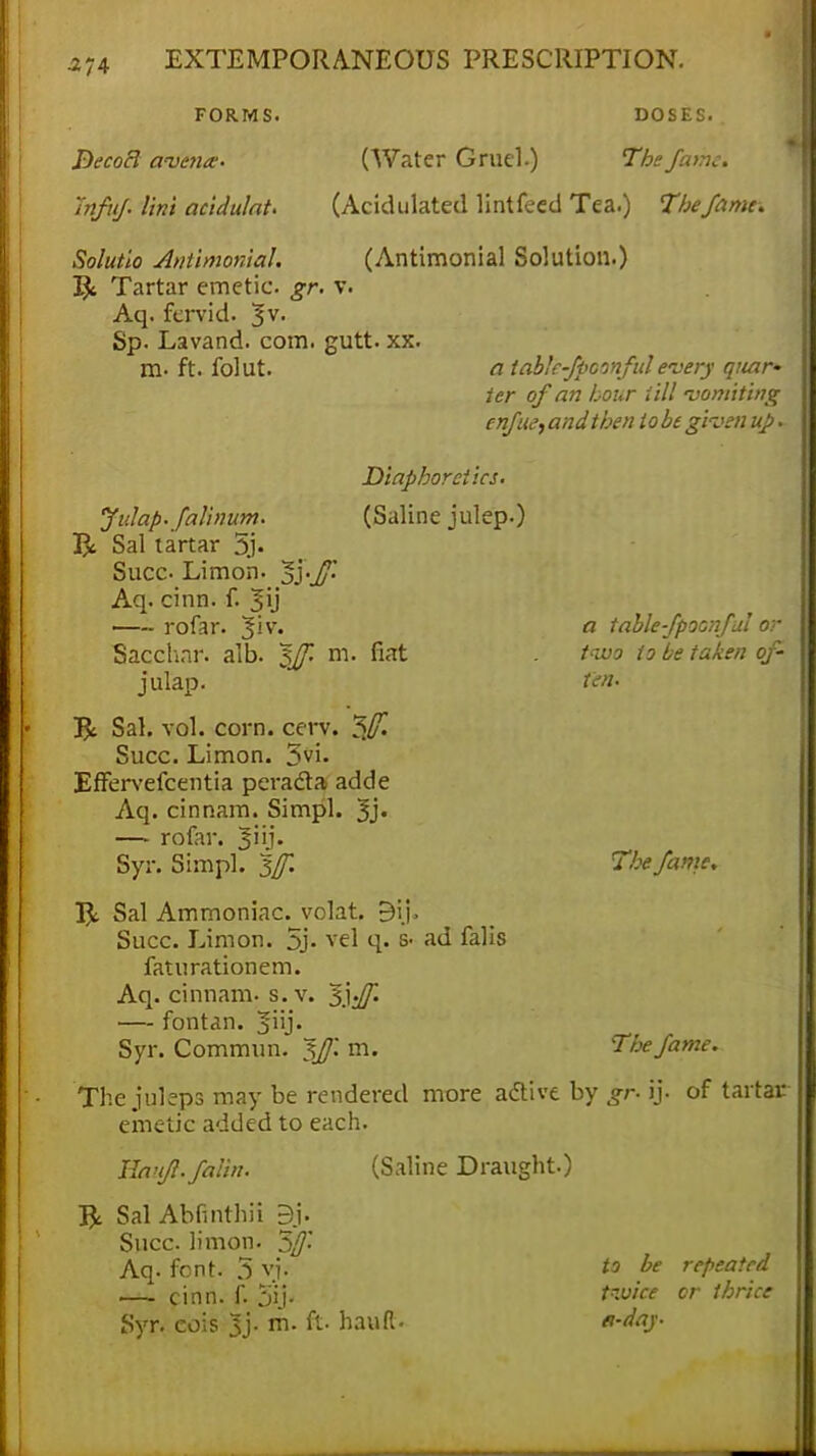 FORMS. DecoB awente- Infuf. lini acidulat. Solut'to Antimonial. T$t Tartar emetic, gr. v. Aq. fervid. 3V- Sp. Lavand. com. gutt. xx m- ft. folut. DOSES. (Water Gruel.) The fame. (Acidulated lintfeed Tea.) The fame. (Antimonial Solution.) a tabk-fpeonful every qnar» ier of an hour till -vomiting enfue, and then to be given up. fiat Jidap. falinum. Sal tartar 3j. Succ Limon. Aq. cinn. f. Jij rofar. Jiv. Sacchar. alb. $Jf. m julap. J$c Sal. vol. corn. cerv. Succ. Limon. 3vi. EfFervefcentia peracla adde Aq. cinnam. Simpl. Jj. — rofar. Jiij. Syr. Simpl. Iff. I£ Sal Ammoniac, volat. 9ij= Succ. Limon. 5j- vel q. s- faturationem. Aq. cinnam. s. v. ~$yff. — fontan. Jiij. Syr. Commun. $fj\ m. Diaphoretics. (Saline julep.) a table-fpocnful or two to be taken of- ten. The fame. ad falls The fame. The juleps may be rendered more a&ive by gr- ij. of tartar emetic added to each. Ha'tfl.falin. £ Sal Abfmthii Bj. Succ limon. $//'. (Saline Draught.) Aq. font. 3 vj; — cinn. f. 5ij- Syr. cois 3j- m. ft- hauft- to be repeated twice or thrice et'day.