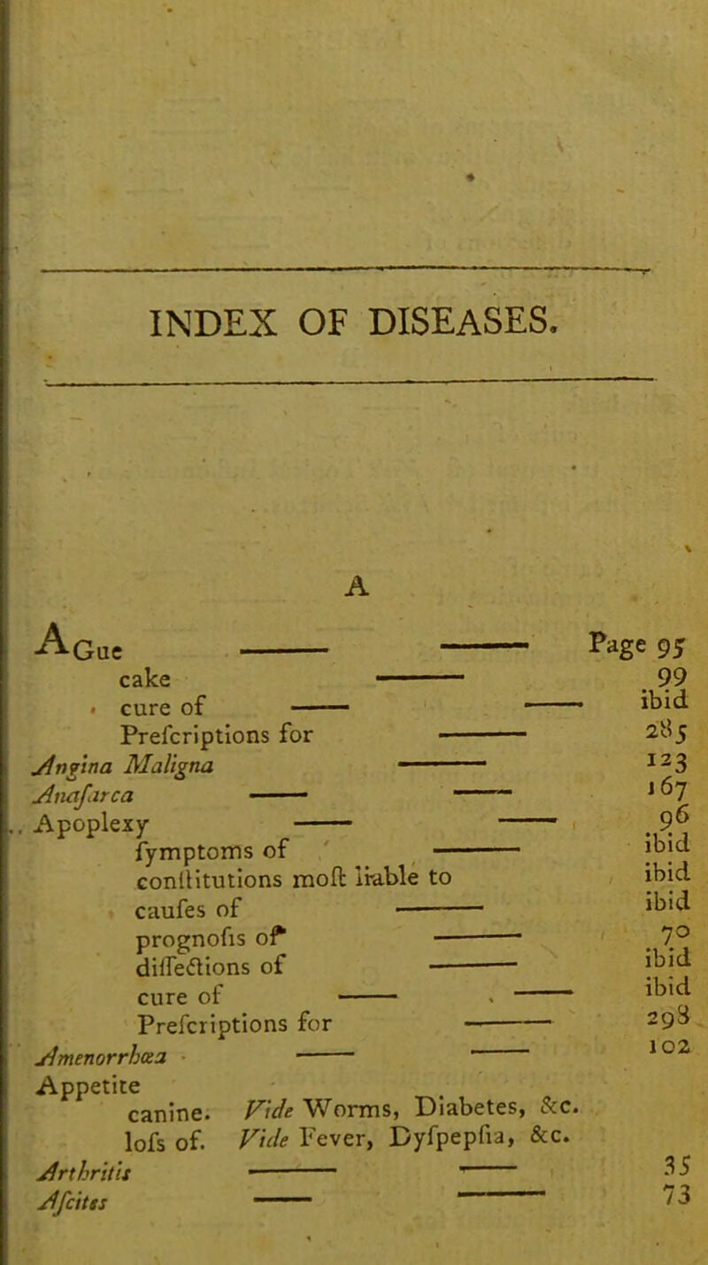 • INDEX OF DISEASES. A Aoue p»ge 95 cake 99 . cure of lbld Prefcriptions for 285 Jln?ina Maligna - 123 Anafirca 1 ^7 Apoplexy 96 fymptoms of lb]a coniHtutions moft liable to ibid caufes of • M prognofis of* ■ # 7° dilfedions of ib|d cure of ibid Prefcriptions for 29^ jJmenorrhaa 102 Appetite canine. Fide Worms, Diabetes, &c. lofs of. Vide Fever, Dyfpepfia, &c. Arthritis • ' Jfcitts — 73