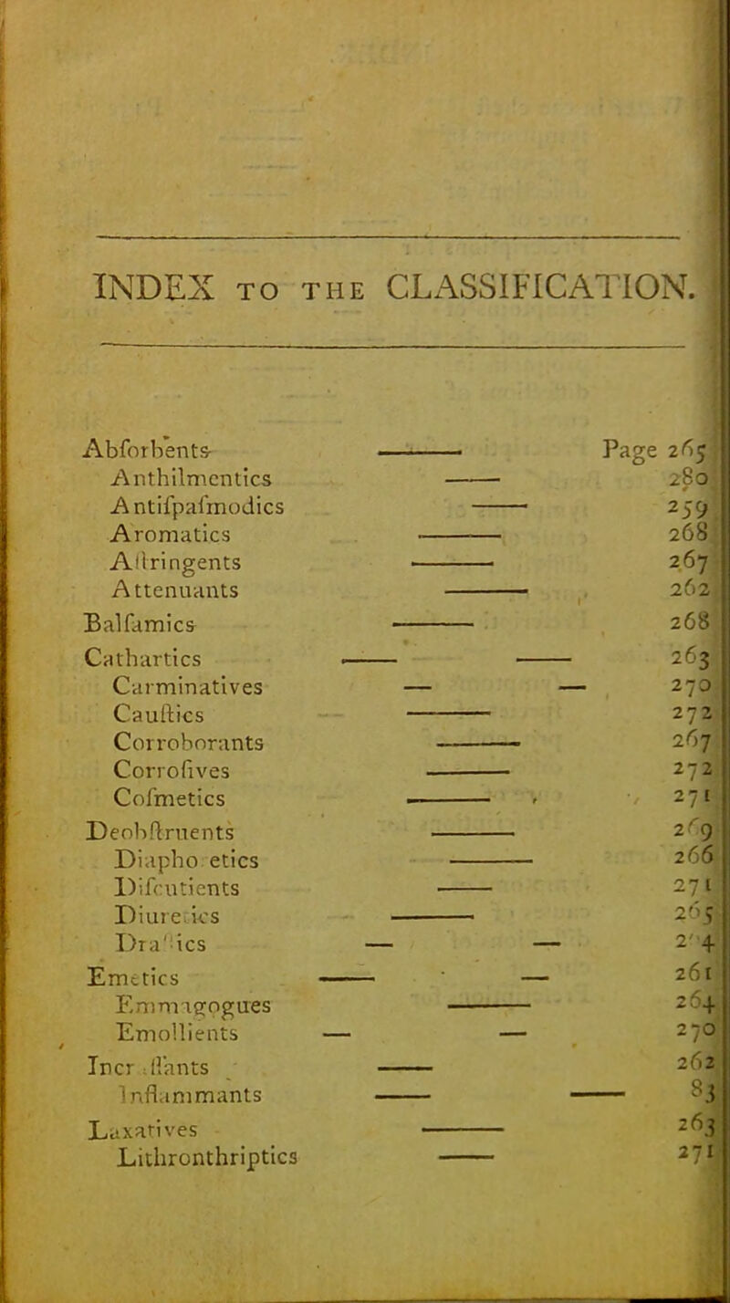 INDEX to the CLASSIFICATION. Abforb'ents- ■■ 3 Page 265H Anthilmcntics 280 I Antifpafmodics ■ 259,\ Aromatics 2^\\ Allringents • • 2^7i Attenuants 1 t. 2^2f| Balfamics- 268 Cathartics 263I Carminatives — — 27°| Cauftics 272} Corroborants Corrofives 2~2) Cofmetics ■ ' / 271 Deobftruents 29 Diapho etics 260k Difeutients -?i Diurerves ■■ ~ > Dra'.ics — — 24 Emetics ■ ■ — Emmagogires —■ 2!->4f Emollients — — 27c Incr 1 Hants ■ Inflammants - Laxatives 2( Lithronthriptics
