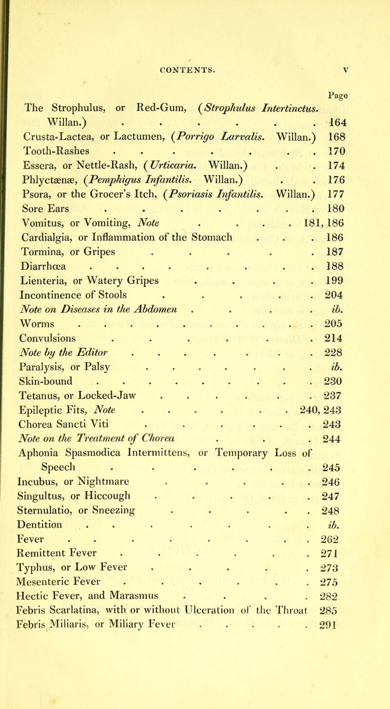 Page The Strophulus, or Red-Gum, (Strophulus Intertinctus. Willan.) . 164 Crusta-Lactea, or Lactumen, (Porrigo Larvalis. Willan.) 168 Tooth-Rashes . 170 Essera, or Nettle-Rash, (Urticaria. Willan.) . 174 Phlyctaenae, (Pemphigus Infantilis. Willan.) . 176 Psora, or the Grocer's Itch, (Psoriasis Infantilis. Willan.) 177 Sore Ears . 180 Vomitus, or Vomiting, Note . 181, 186 Cardialgia, or Inflammation of the Stomach . 186 Tormina, or Gripes . 187 Diarrhoea .... . 188 Lienteria, or Watery Gripes . 199 Incontinence of Stools . 204 Note on Diseases in the Abdomen . ib. . . 205 Convulsions . 214 Note by the Editor . 228 Paralysis, or Palsy . ib. . 230 Tetanus, or Locked-Jaw . 237 Epileptic Fits, Note . 240,243 Chorea Sancti Viti . 243 Note on the Treatment of Chorea . 244 Aphonia Spasmodica Intermittens, or Temporary Loss of Speech . 245 Incubus, or Nightmare . 246 Singultus, or Hiccough . 247 Sternulatio, or Sneezing . 248 Dentition . . . ib. Fever . . . 262 Remittent Fever . 271 Typhus, or Low Fever . 273 Mesenteric Fever . 275 Hectic Fever, and Marasmus . 282 Febris Scarlatina, with or without Ulceration of the Throat 285 Febris Miharis, or Miliary Fever . 291
